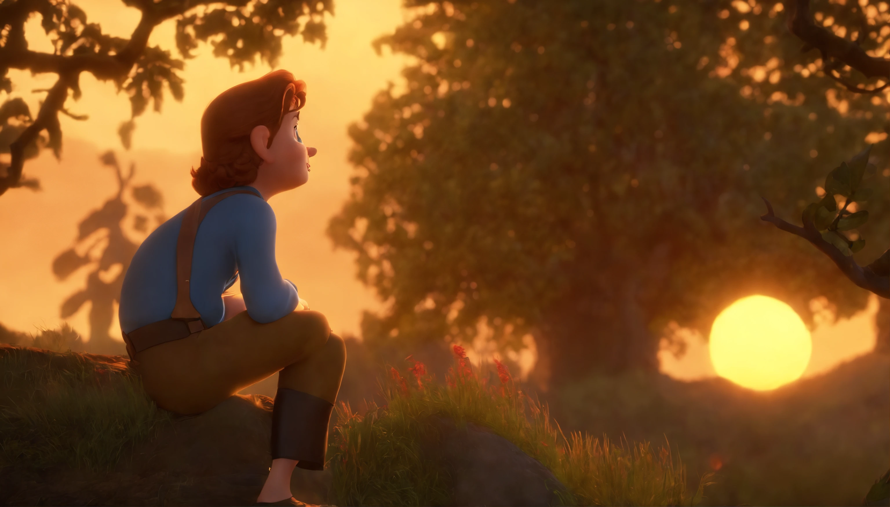 a sad boy sitting in a tree with the sun setting behind him, vale, vale encantado, Anato Finnstark. Pixar, Miniatura do YouTube, Vincent di Fate Nausicaa, Beto Val, cuta anime, inspirado em Vasile Hutopila, Directed by: Vasile Hutopila, animation film, animation film, Personagem ideal da Pixar, Victo, Russia