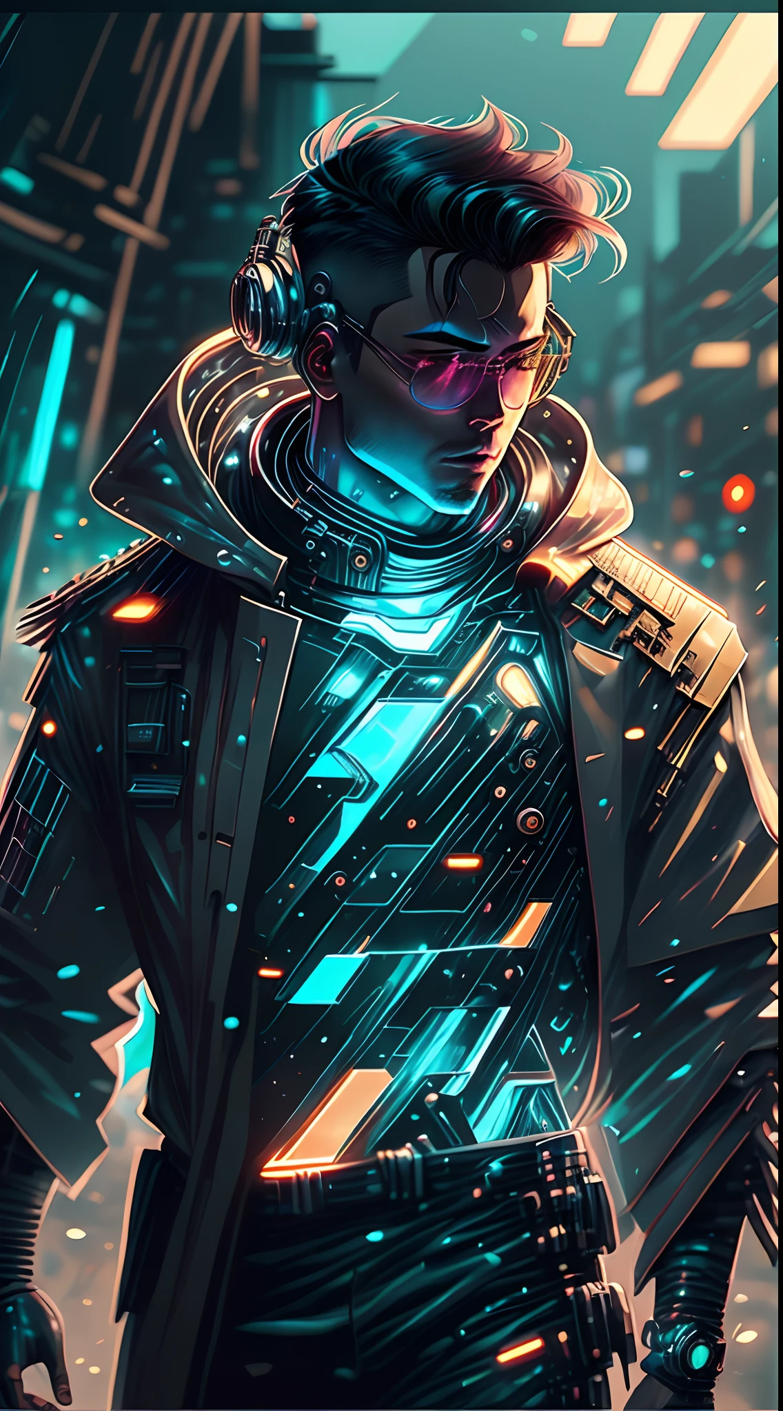 (Best quality:1.3), (Best performance:1.2), (Best Illustration:1.2), (Comic style:1.2), (Art film lighting:1.2) (1人) Wear a futuristic tech cyberpunk electronic robe, His body was covered with metal parts, In futuristic cyberpunk city cinematic horror movie background. --auto