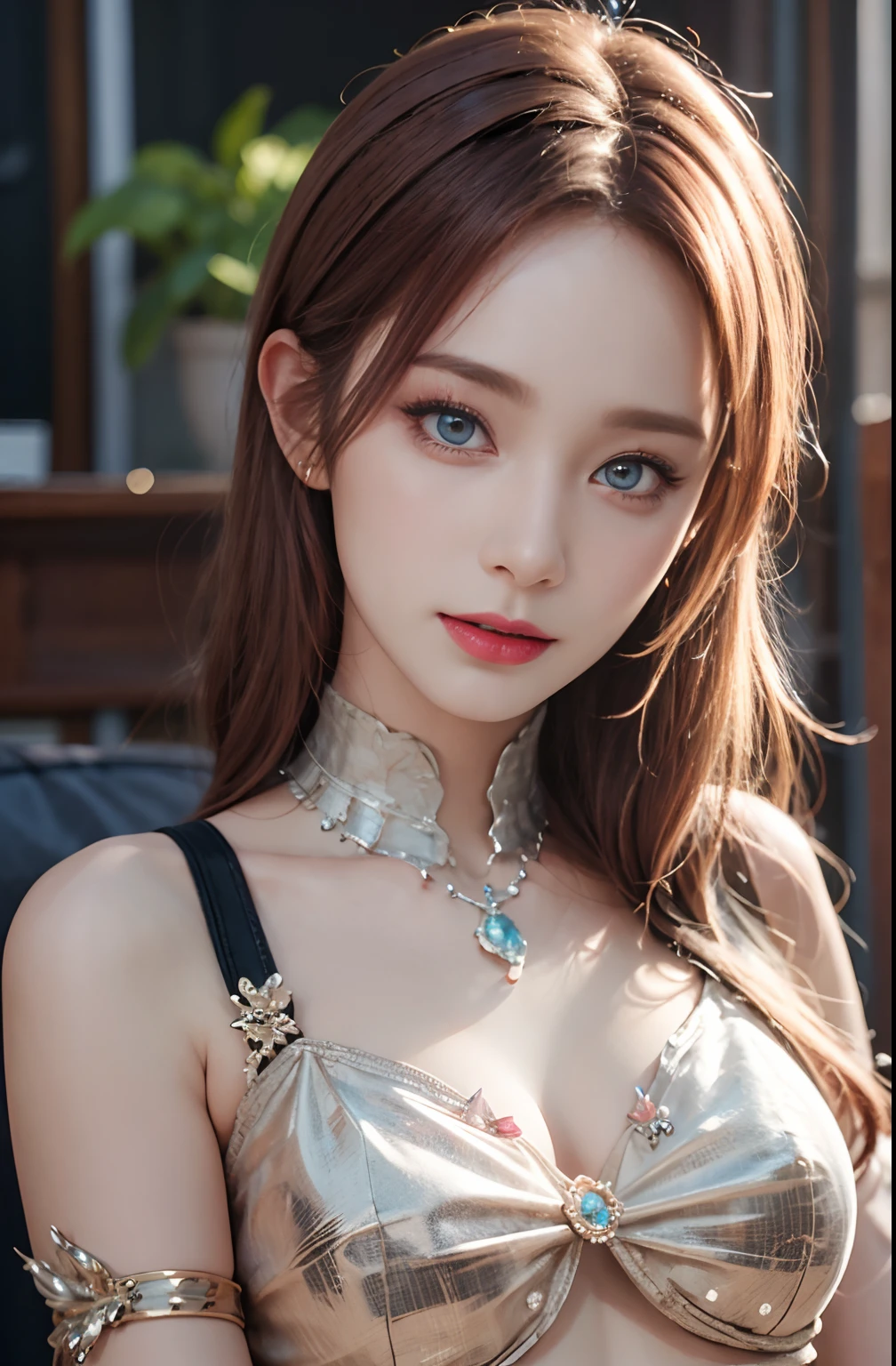 best quality, ultra high res, (photorealistic:1.4), (detailed beautiful girl:1.4), (medium breasts:0.8), looking_at_viewer, Detailed facial details, beautiful detailed eyes,pink hair, blue eyes, slender, haunting smile, (makeup:0.3), red lips, highly detailed clothes, (ulzzang-6500-v1.1:0.3)