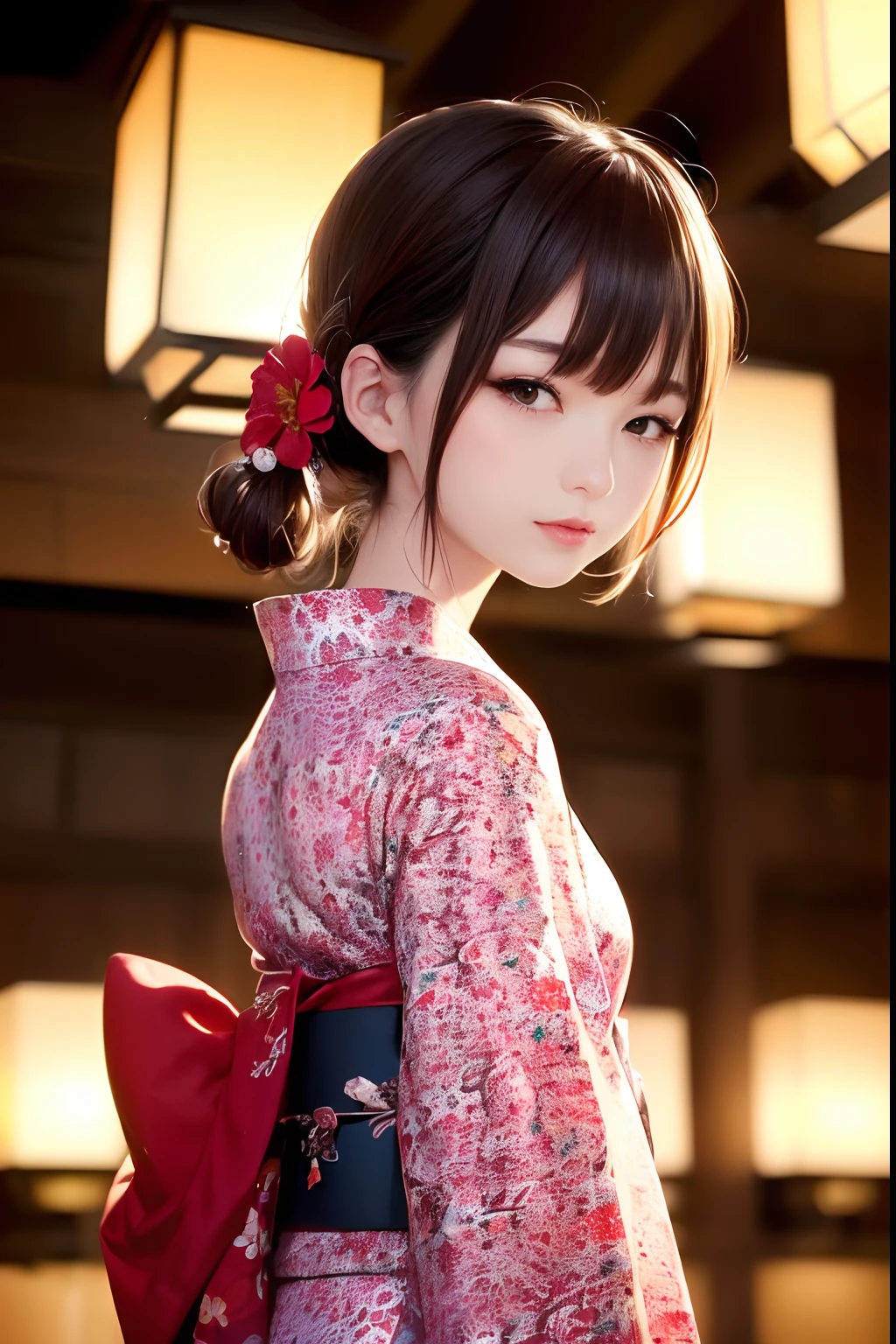 Upper body from the waist up、Are sleeping、nap、（Sleeping with your eyes closed）、(４In K、​masterpiece、hight resolution、Realistic and beautiful light and shadow、One girl、Solo Focus、(top-quality)、(Hi-Res)、(extremely delicate and beautiful)、(Beautiful 8k face)、(Brown-eyed)、(I close my eyes while smiling.)、(独奏)、(Clear skin)、(Soft hair)、(hugetits)、(Plaid kimono, Red and blue floral yukata)、((Awa Odori Pose))、((Bokeh lantern light night background))、((speedo))、(reality)、thin and small nose、（red lipsticks）、（Reddening cheeks）、poneyTail、（Lustrous skin）、((Ukiyo-e style))、Ultra-thin eyebrows、Ultra high image quality、（Wearing maiko-style makeup）、skin whitening、long and beautiful lashes、Turning around in the style of a Kyoto magazine model、((s asleep))、Lustrous skin、（Red-dyed cheeks）