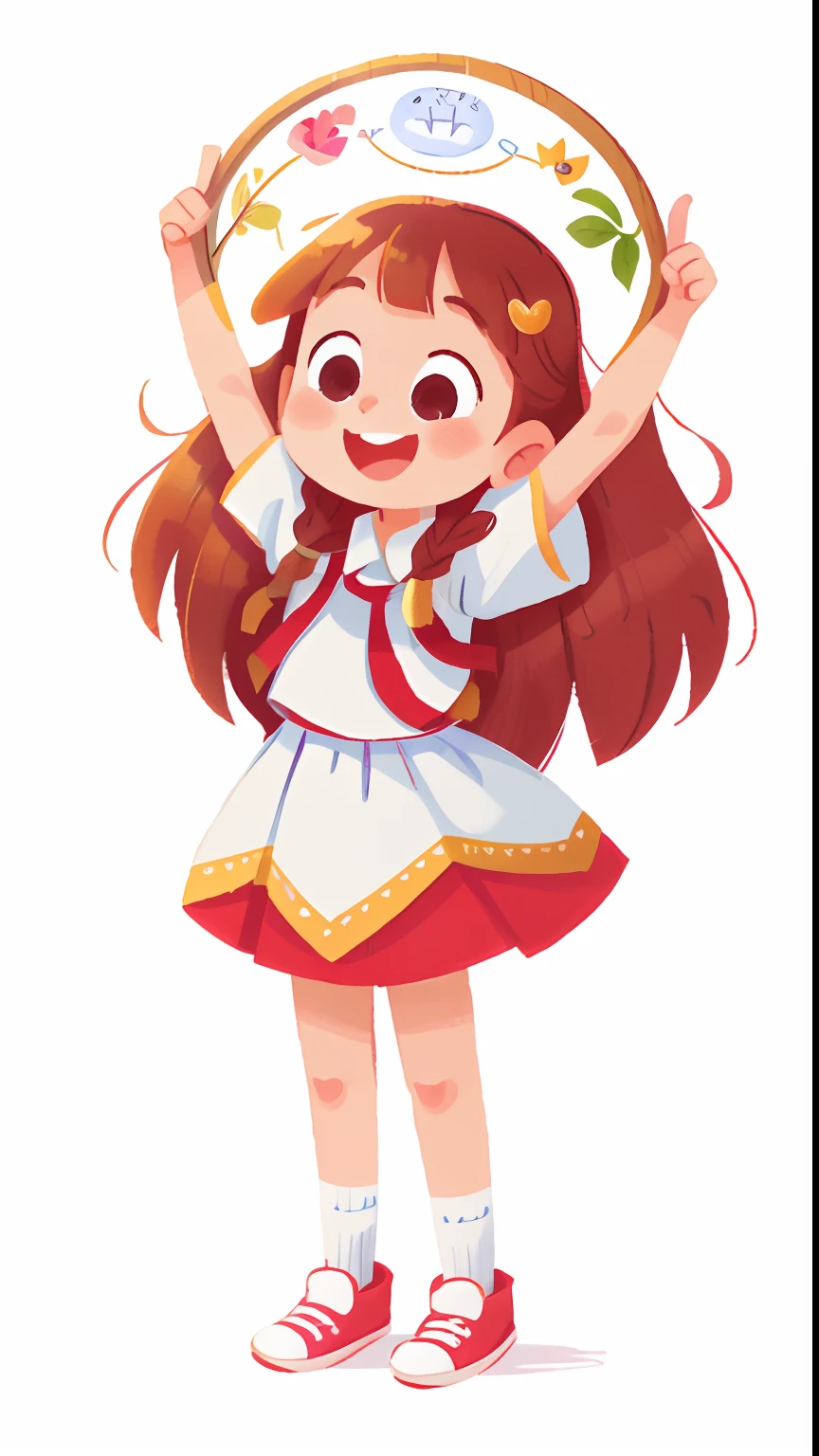 happy smiling students is standing holding a beautiful picture frame above her head, full body ((white background))