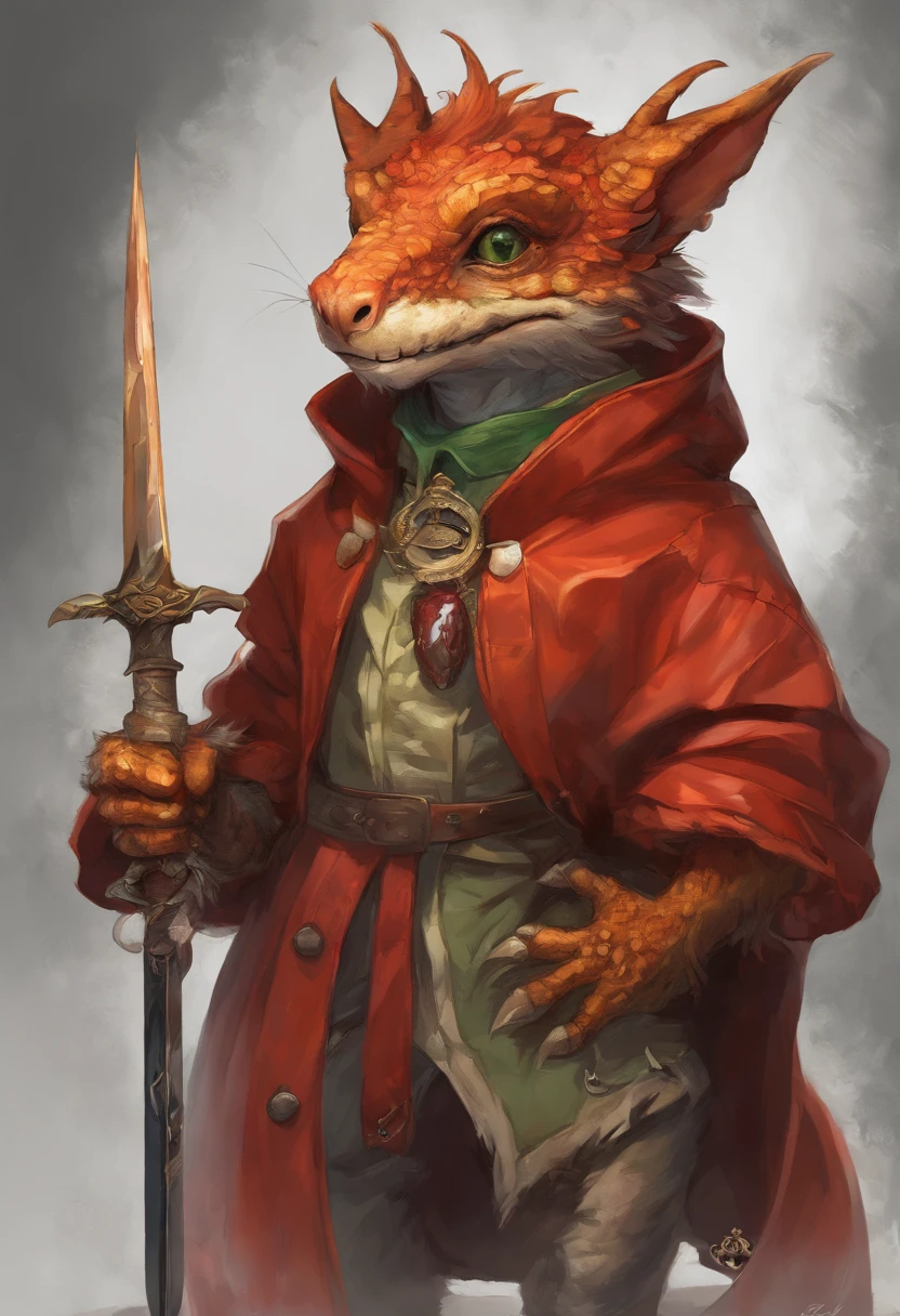 (((by Zackary911, by Kenket, by Kilinah))), solo male, bright orange skin, orange scales, (((Kobold)), (detailed kobold)) wearing a red cloak with a hood, green gem on the collar, bandaged thighs and bandaged chest, muscular toned, squirrel ears, kobold tail, messy hair, front view, looking at the observer with an embarrassed smile, blush, holding a dagger, perspective, finely detailed paws,