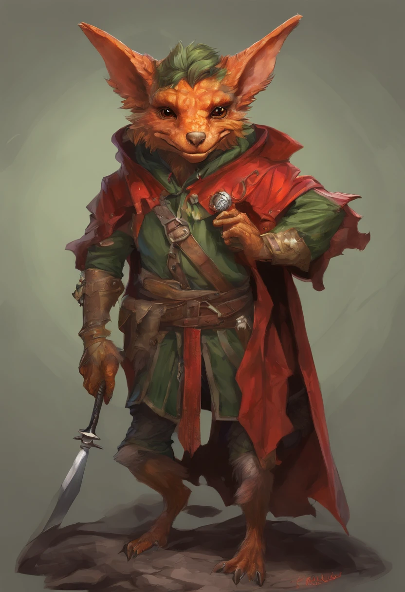 (((by Zackary911, by Kenket, by Kilinah))), solo male, bright orange skin, orange scales, (((Kobold)), (detailed kobold)) wearing a red cloak with a hood, green gem on the collar, bandaged thighs and bandaged chest, muscular toned, squirrel ears, kobold tail, messy hair, front view, looking at the observer with an embarrassed smile, blush, holding a dagger, perspective, finely detailed paws,