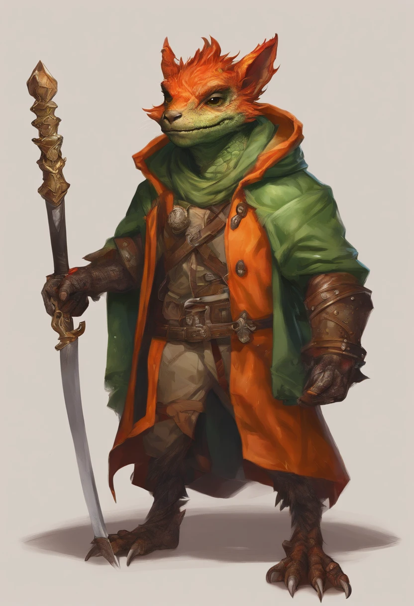 (((by Zackary911, by Kenket, by Kilinah))), solo male, bright orange skin, orange scales, (((Kobold)), (detailed kobold)) wearing a red cloak with a hood, green gem on the collar, bandaged thighs and bandaged chest, muscular toned, squirrel ears, kobold tail, messy hair, front view, looking at the observer with an embarrassed smile, blush, holding a dagger, perspective, finely detailed paws,