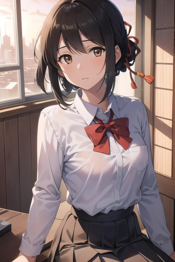 mitsuhamiyamizu, mitsuha miyamizu, black hair, (brown eyes:1.5), hair ribbon, (small breast:1.2),
BREAK bow, bowtie, kneehighs, pleated skirt, red bow, red bowtie, school uniform, skirt, white shirt, long sleeves,
BREAK looking at viewer,
BREAK indoors, classroom,
BREAK (masterpiece:1.2), best quality, high resolution, unity 8k wallpaper, (illustration:0.8), (beautiful detailed eyes:1.6), extremely detailed face, perfect lighting, extremely detailed CG, (perfect hands, perfect anatomy),