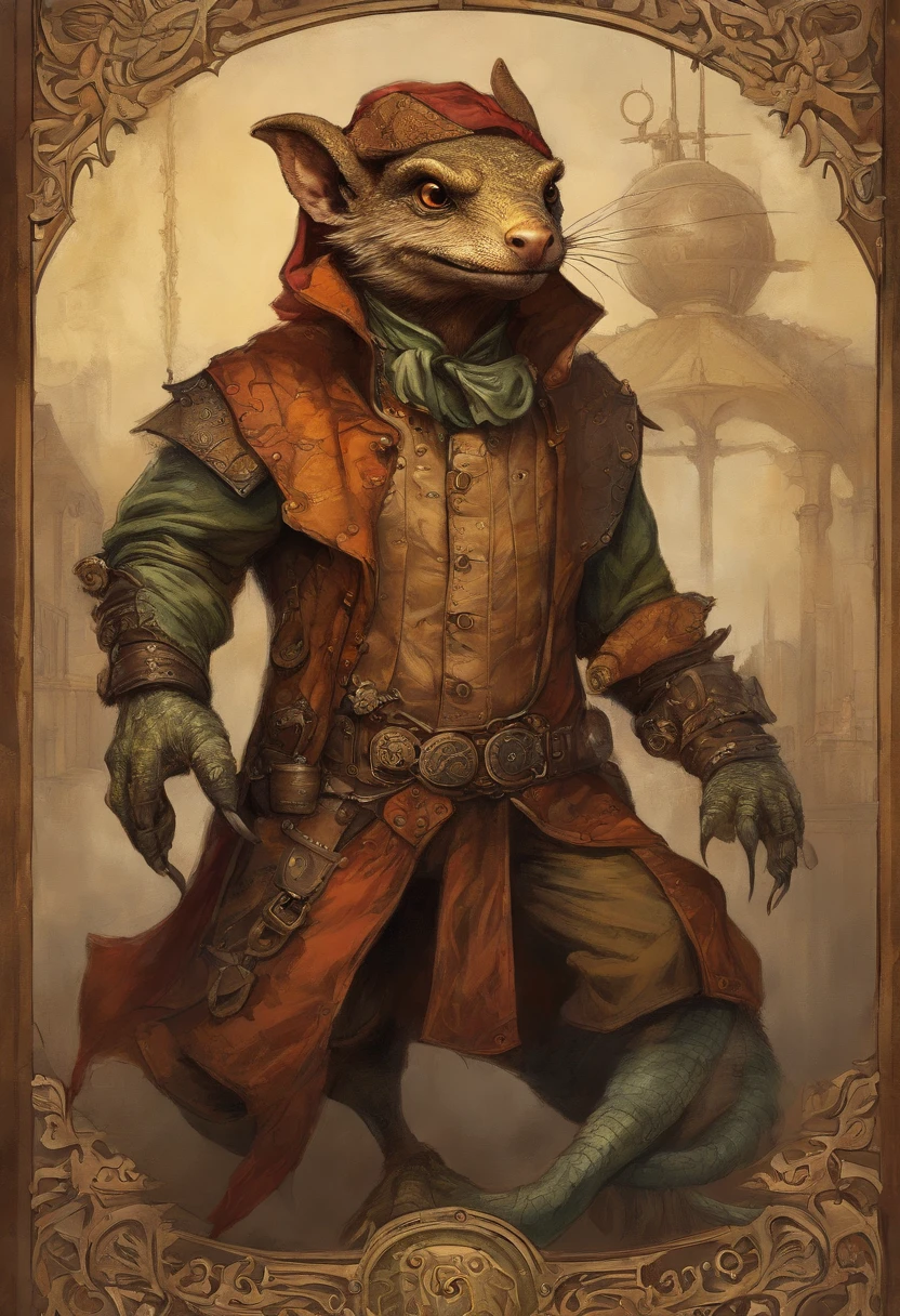 (((by Zackary911, by Kenket, by Kilinah))), solo male, bright orange skin, orange scales, (((Kobold)), (detailed kobold)) wearing a red cloak with a hood, green gem on the collar, bandaged thighs and bandaged chest, muscular toned, squirrel ears, kobold tail, messy hair, front view, looking at the observer with an embarrassed smile, blush, holding a dagger, perspective, finely detailed paws,