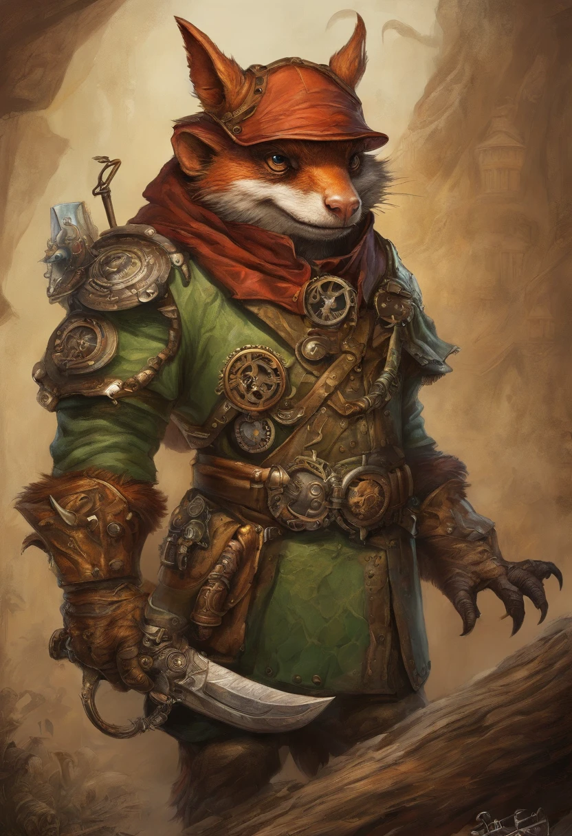 (((by Zackary911, by Kenket, by Kilinah))), solo male, bright orange skin, orange scales, (((Kobold)), (detailed kobold)) wearing a red cloak with a hood, green gem on the collar, bandaged thighs and bandaged chest, muscular toned, squirrel ears, kobold tail, messy hair, front view, looking at the observer with an embarrassed smile, blush, holding a dagger, perspective, finely detailed paws,