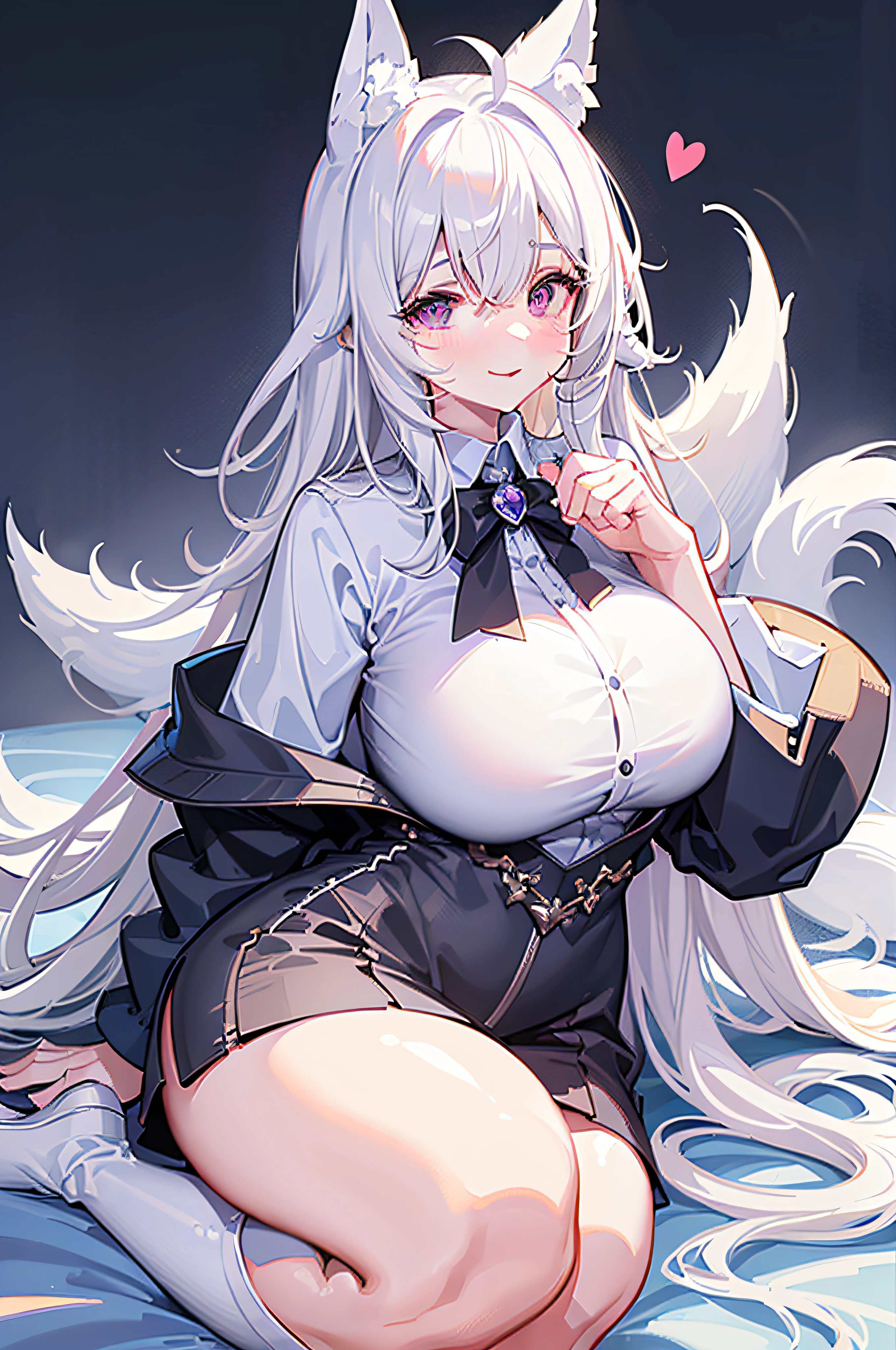 Blush, ((((White color blouse)))), black long boots, ((((Huge white furry tail)))), (on top of the bed), Reclining, D-cups, White hair, ahoge,((hair covering one eye)), Heart-shaped pupils, Purple eyes, Fox ears, Evil smile, Seductive smile, hearts in eyes, torogao, Reflectors, Yandere, anime big breast, Chiaroscuro, Ray tracing, shadowing, hyper HD, Masterpiece, Accurate, Anatomically correct, Textured skin, Super detail, High details, High quality, Award-Awarded, Best quality, A high resolution, 16k,(There is love around you),Tempting