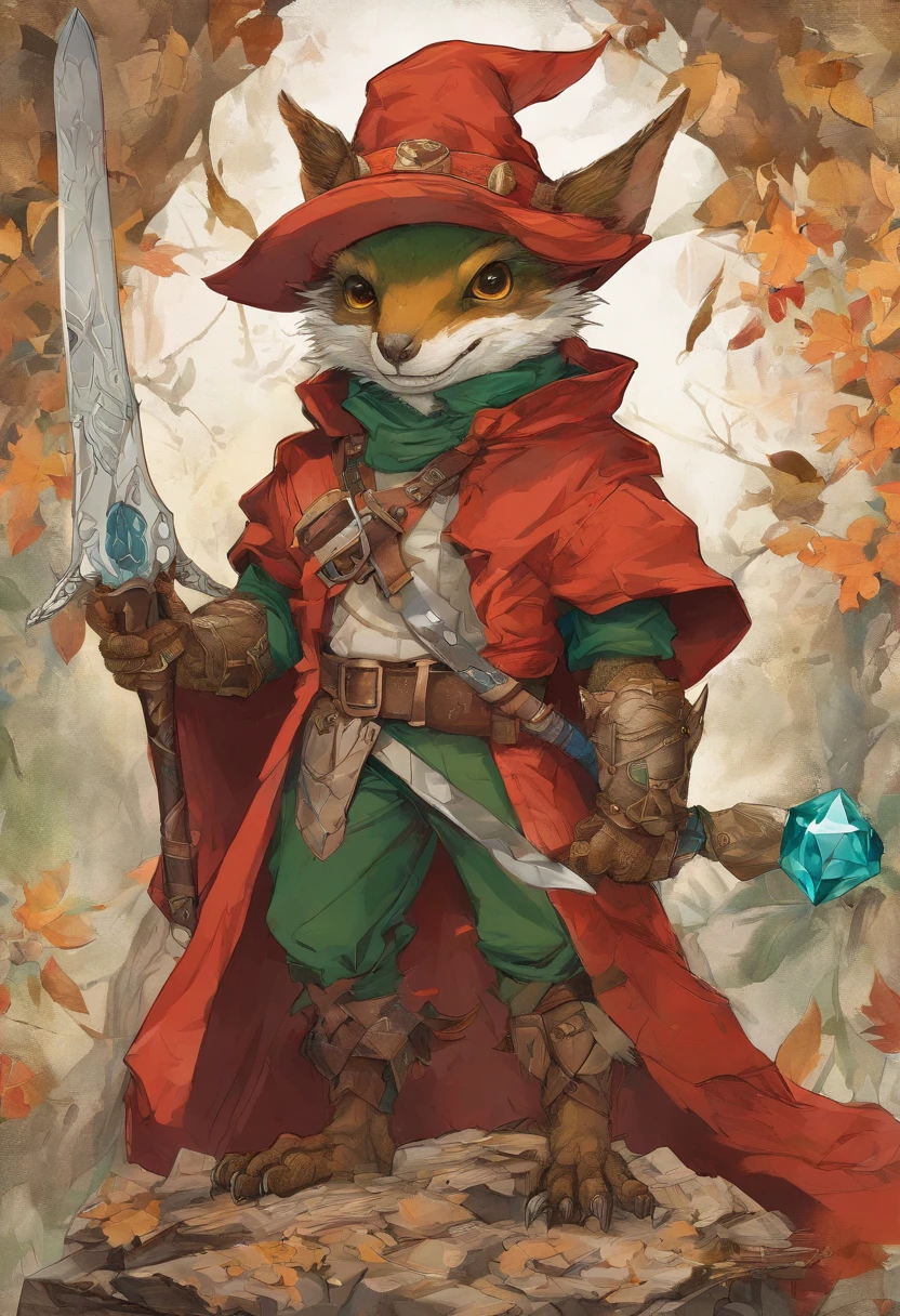(((by Zackary911, by Kenket, by Kilinah))), solo male, bright orange skin, orange scales, (((Kobold)), (detailed kobold)) wearing a red cloak with a hood, green gem on the collar, bandaged thighs and bandaged chest, muscular toned, squirrel ears, kobold tail, messy hair, front view, looking at the observer with an embarrassed smile, blush, holding a dagger, perspective, finely detailed paws,