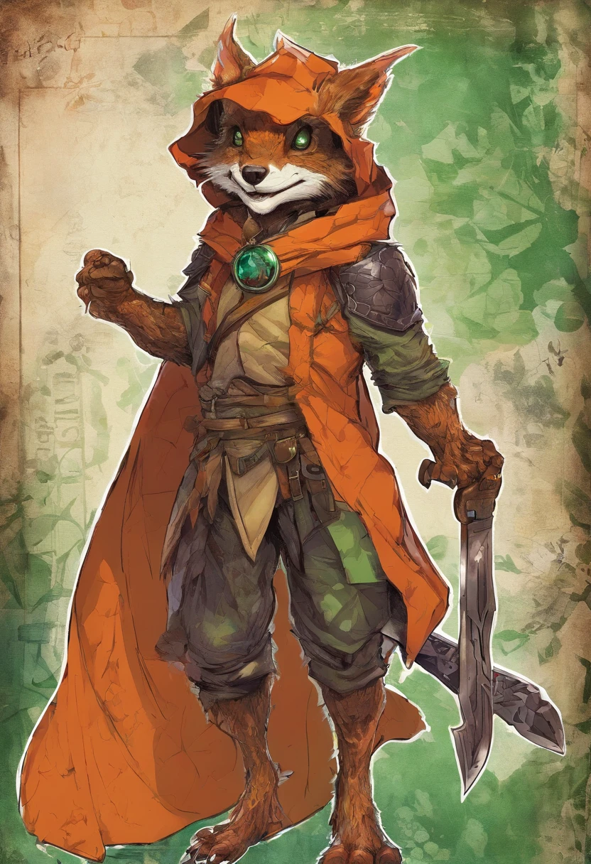 (((by Zackary911, by Kenket, by Kilinah))), solo male, bright orange skin, orange scales, (((Kobold)), (detailed kobold)) wearing a red cloak with a hood, green gem on the collar, bandaged thighs and bandaged chest, muscular toned, squirrel ears, kobold tail, messy hair, front view, looking at the observer with an embarrassed smile, blush, holding a dagger, perspective, finely detailed paws,