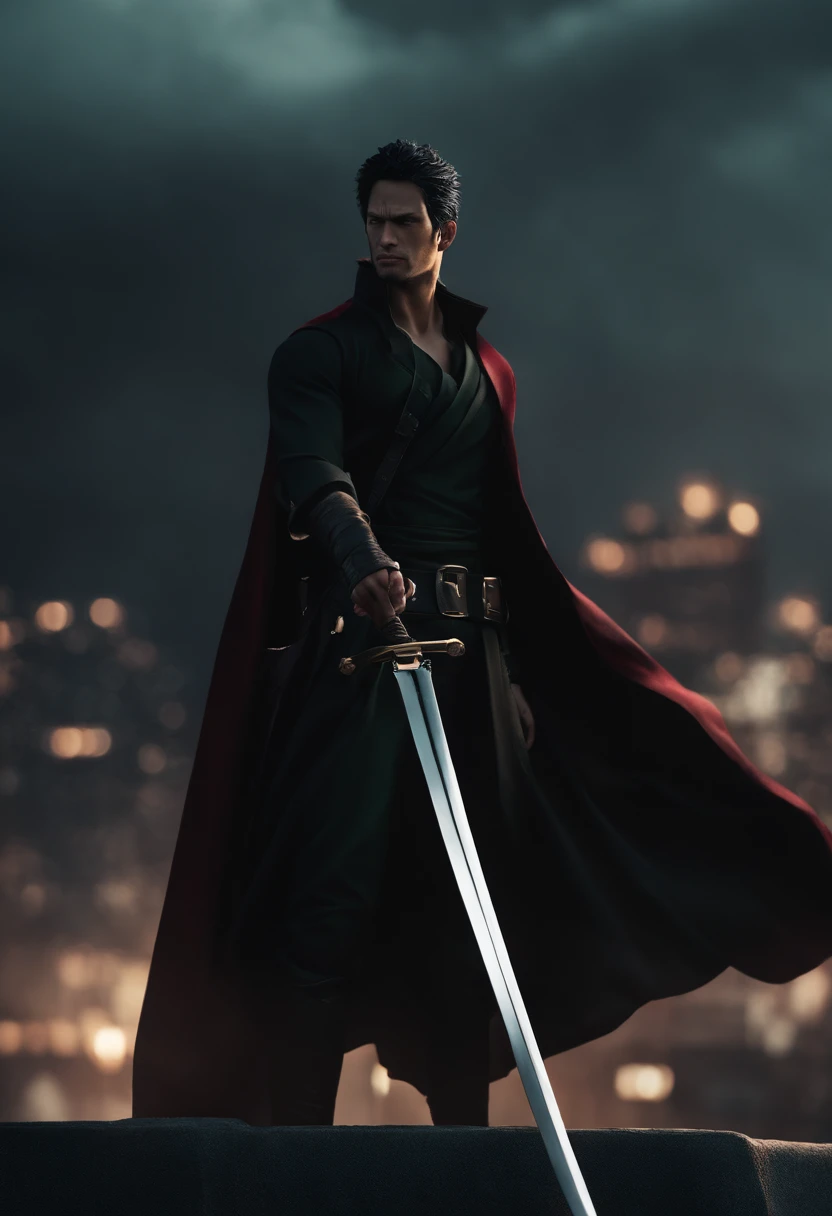 Zoro , one piece, male people，a black trench coat，with short black hair，Crimson eyes，hands crossed，Stand on a tall building，Behind him stood the soul in full armor , flashy drak background, aura , crasima