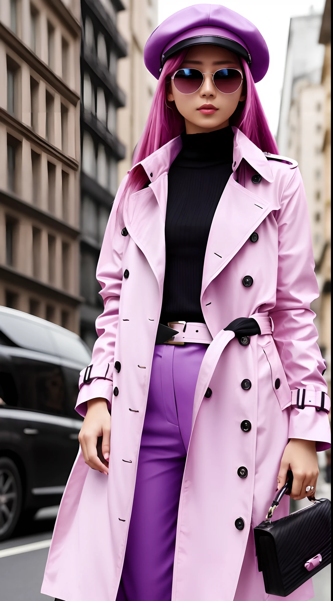 4K, Realistic, high detal, Super eye details, fashionable attire, Pink trench coat, French berets, Black belt pants, Long hair, In the city, Pink hair, Purple eyes, Yae Miko, Wear stylish sunglasses, --auto