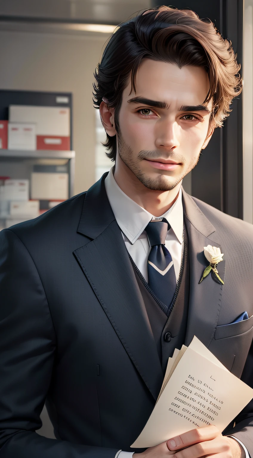Man in suit,Holding a letter in his hand,The letter has a loving motif,The background is the post office