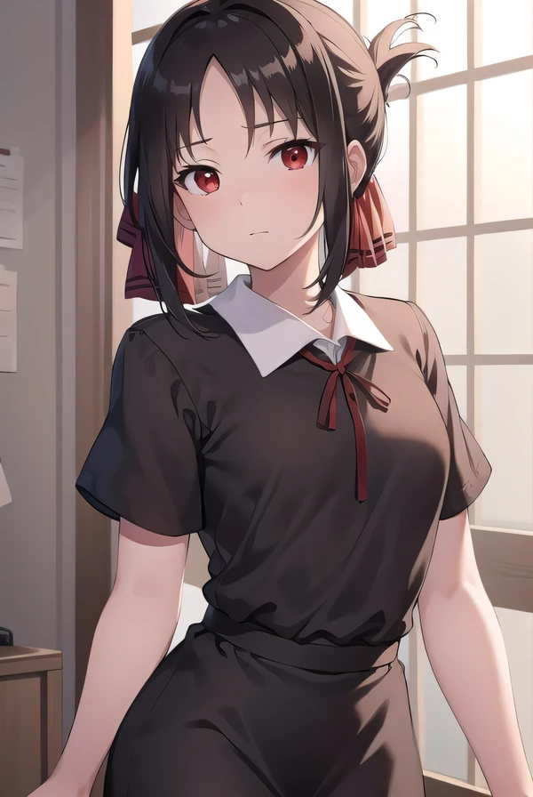 kaguyashinomiya, kaguya shinomiya, folded ponytail, forehead, hair ribbon, (red eyes:1.5), red ribbon, ribbon, short hair, sidelocks, (small breast:1.2),
BREAK black dress, dress, pinafore dress, school uniform, shirt, short sleeves, shuuchiin academy school uniform, white shirt,
BREAK looking at viewer,
BREAK indoors, classroom,
BREAK (masterpiece:1.2), best quality, high resolution, unity 8k wallpaper, (illustration:0.8), (beautiful detailed eyes:1.6), extremely detailed face, perfect lighting, extremely detailed CG, (perfect hands, perfect anatomy),