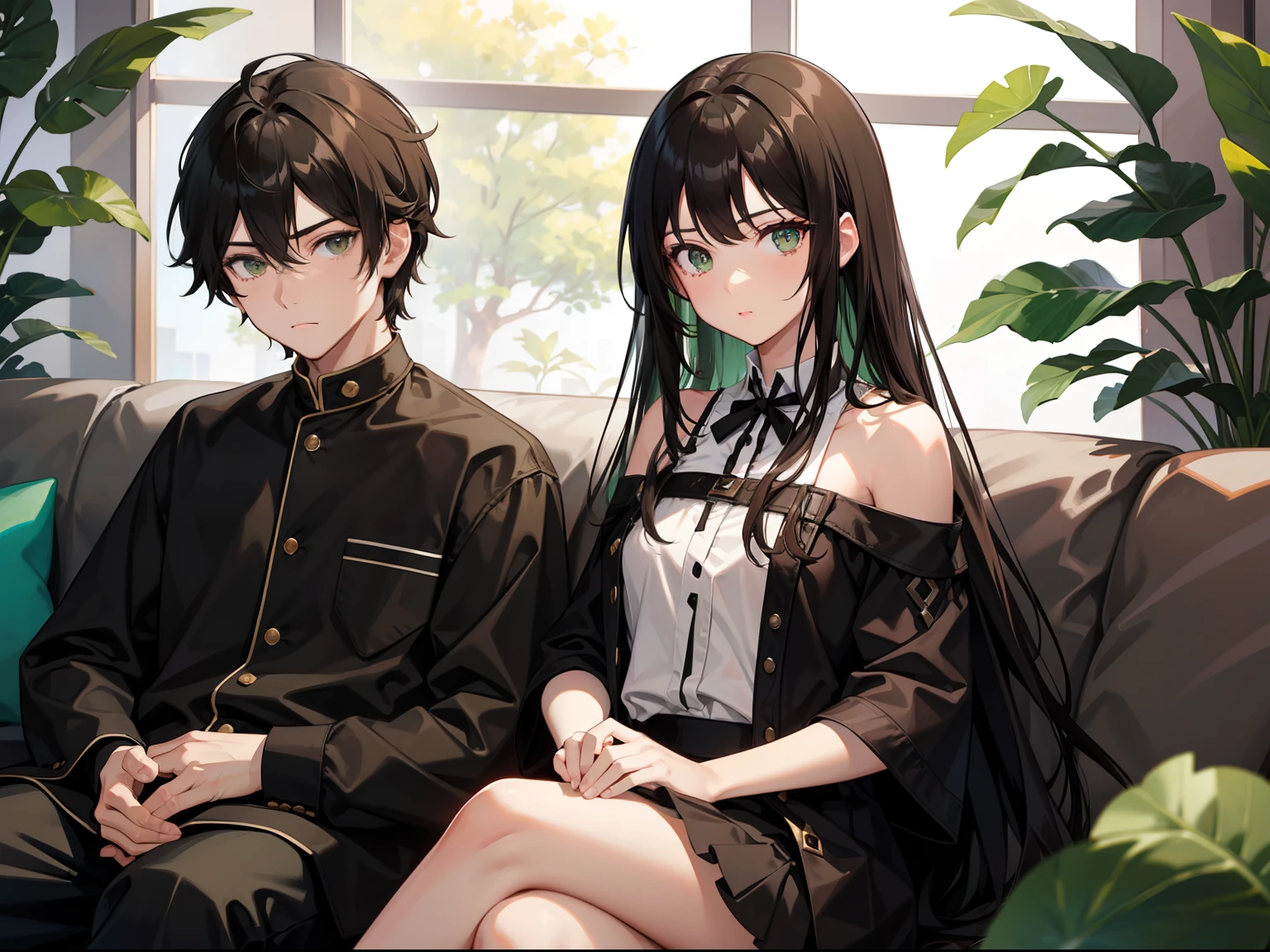 A boy black hair, black eye, and girl brown hair, long hair, green eye, sitting together in the couch