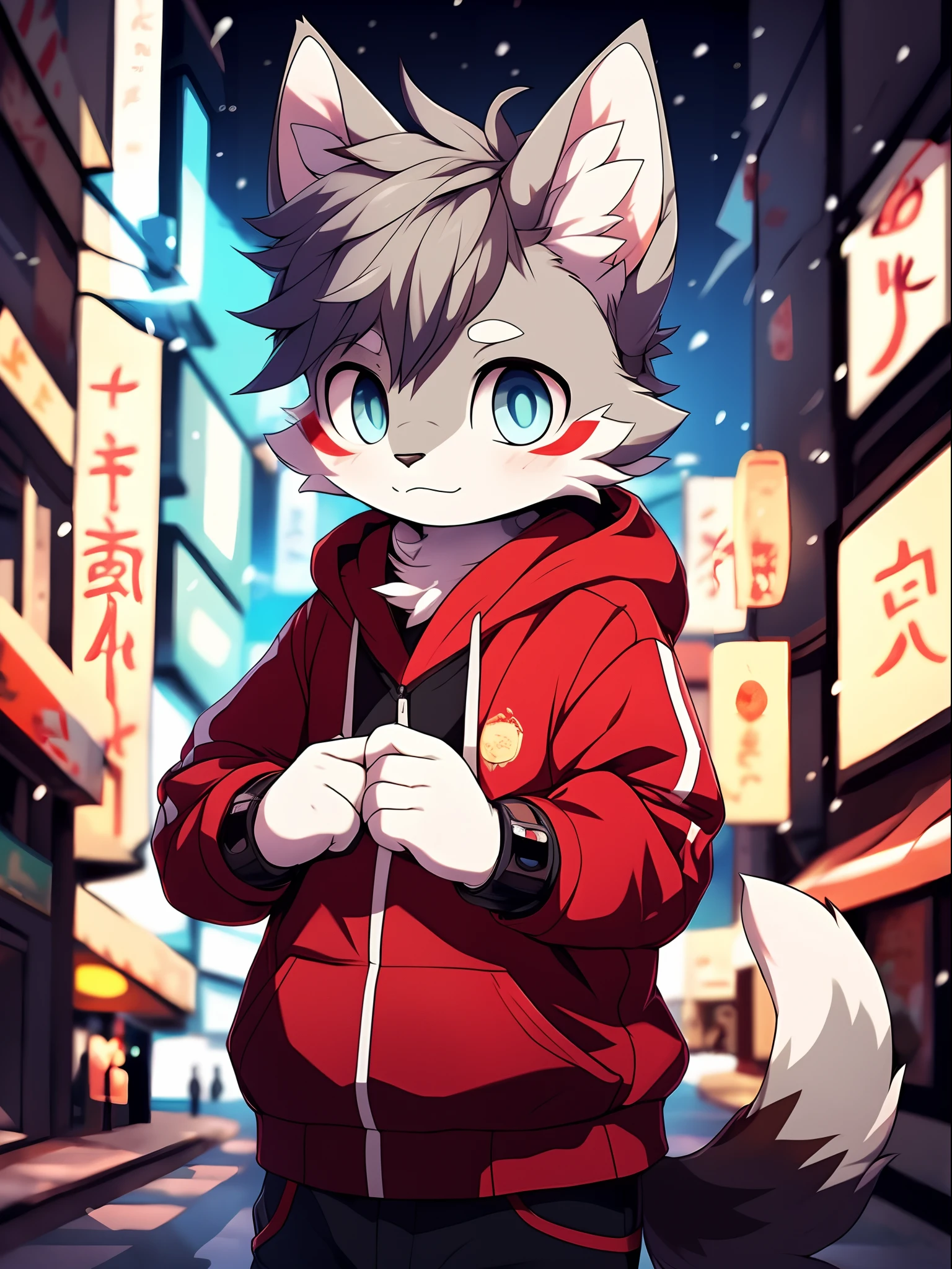 Highest image quality,Delicate painting style,Delicate hook lines,tmasterpiece,Fine fine skin,Delicate hair,Complete painting,A masterpiece,Delicate hands,finely-detailed eyes,Normal eyes,Author Zachary 911, (Coffee soda:1.1), Hioshiru, zackarry911, Humanity, male people, 独奏, garments, 2022, Outfit in black, hoody, Black top, black hoodie, Cyberpunk city setting,Red scarf,winter background,Gray cat ears,Gray hair,adolable,Handsome,((White scarf)),Cat style,Shota,cyber punk perssonage, Blue pupil, city night scene, Gray hair, By bangs,Dappled light and shadow, short detailed hair,ember,There are bright eyes of God, 城市,New Year,snowflower