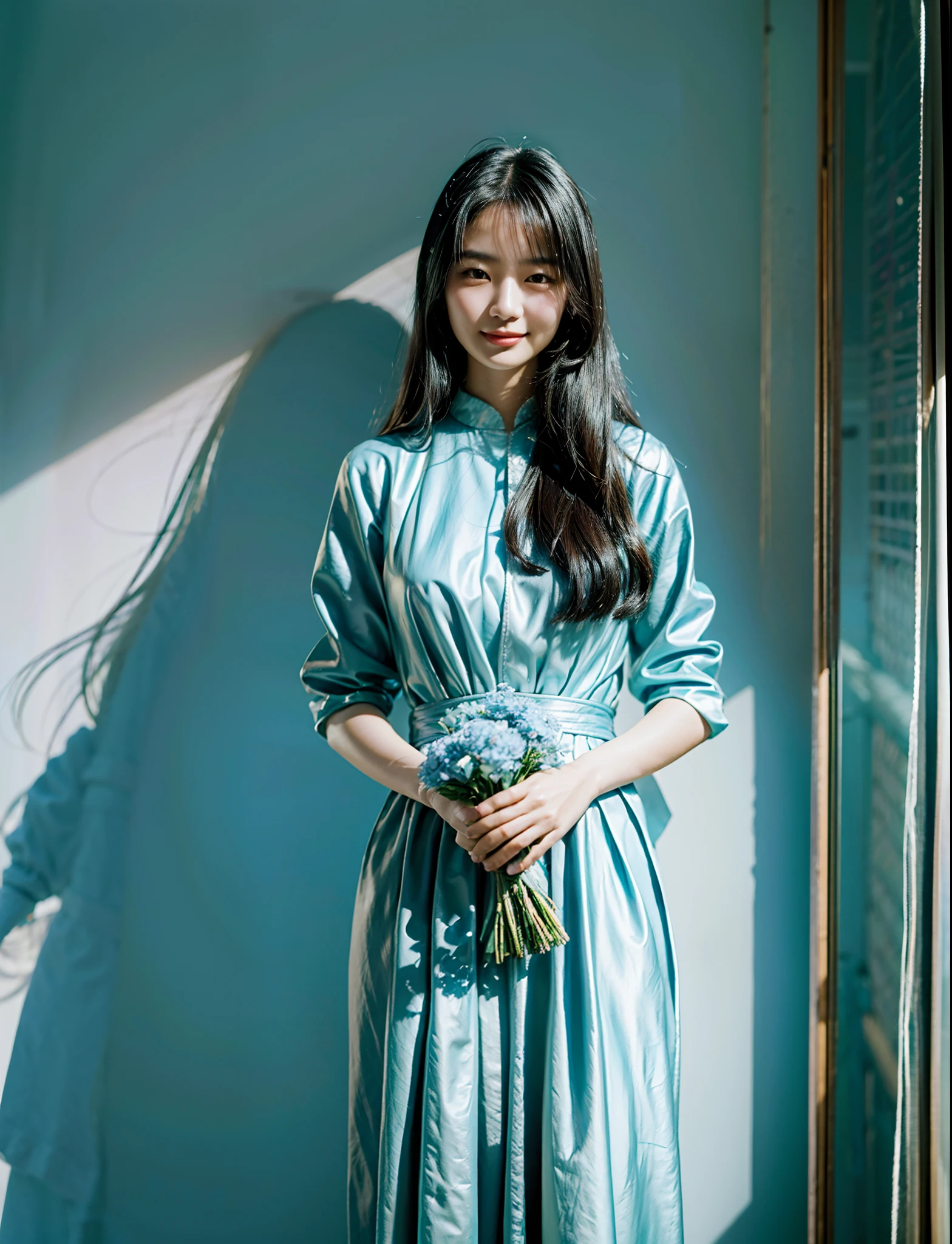 Beautiful Asian Girls,Long black hair,Delicate and delicate face,light  smile,Holding a very beautiful bouquet of light blue flowers,Beautiful clothes,Perfect hands,Solid color light gauze background,detail-rich,Movie lighting,contrast of light and shadow,rendering by octane,