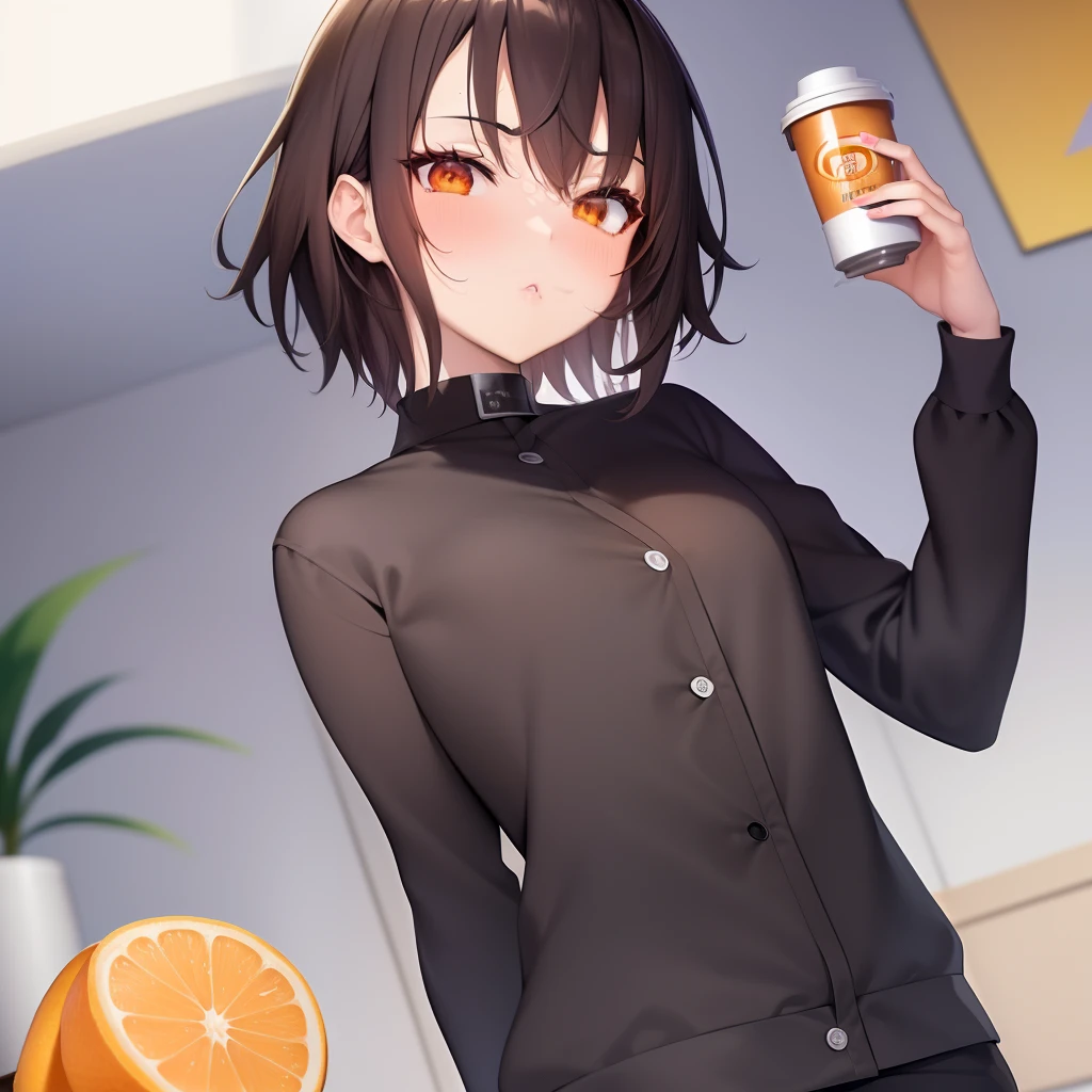 Anime girl with a cup of coffee and a banana, Smooth Anime CG Art, guweiz, artwork in the style of guweiz, Anime visuals of cute girls, anime girl drinks energy drink, Shinkai Makoto style, By Shinkai Makoto. a digital rendering, Kantai Collection Style, makoto shinkai art style Orange is an orange cross-section