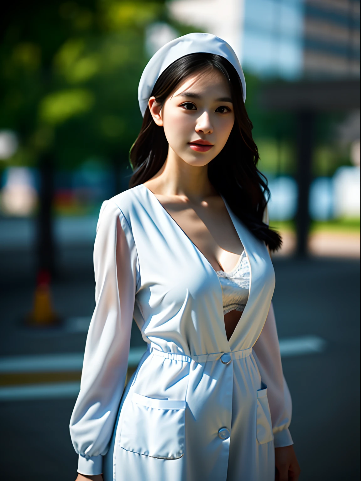 In the background of the hospital，looking at viewert，depth of fields，Bokeh，The light drops，
1 girl wearing Deep V nurse suits，Black eyes，photography of，(full bodyesbian), tmasterpiece， best qualtiy， A high resolution， realistic detail， Glowing skin， Mature figure， Voluptious body， crisp breasts, rich colourful，  hyper realisitc， dynamicposes， dynamic angle，k hd，