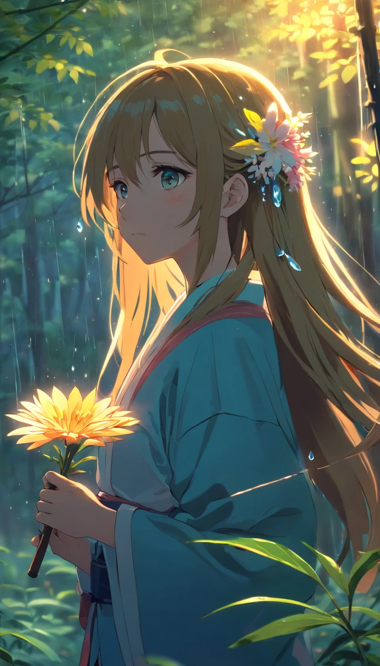anime girl with long hair and flower in her hair, Beautiful anime artwork, style of anime4 K, Anime art wallpaper 4k,rainy days，janelas，the woods，rain drops, night, holding a golden katana.