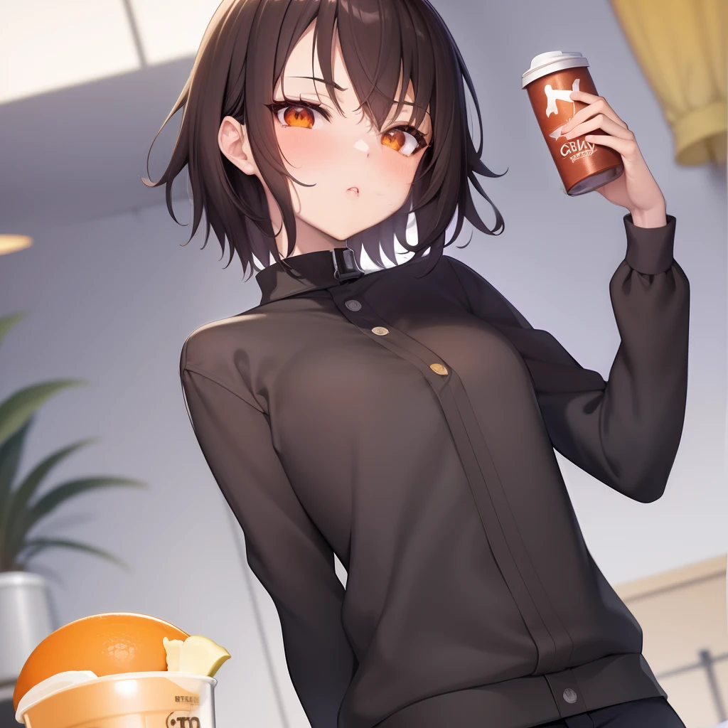 Anime girl with a cup of coffee and a banana, Smooth Anime CG Art, guweiz, artwork in the style of guweiz, Anime visuals of cute girls, anime girl drinks energy drink, Shinkai Makoto style, By Shinkai Makoto. a digital rendering, Kantai Collection Style, makoto shinkai art style Orange is an orange cross-section