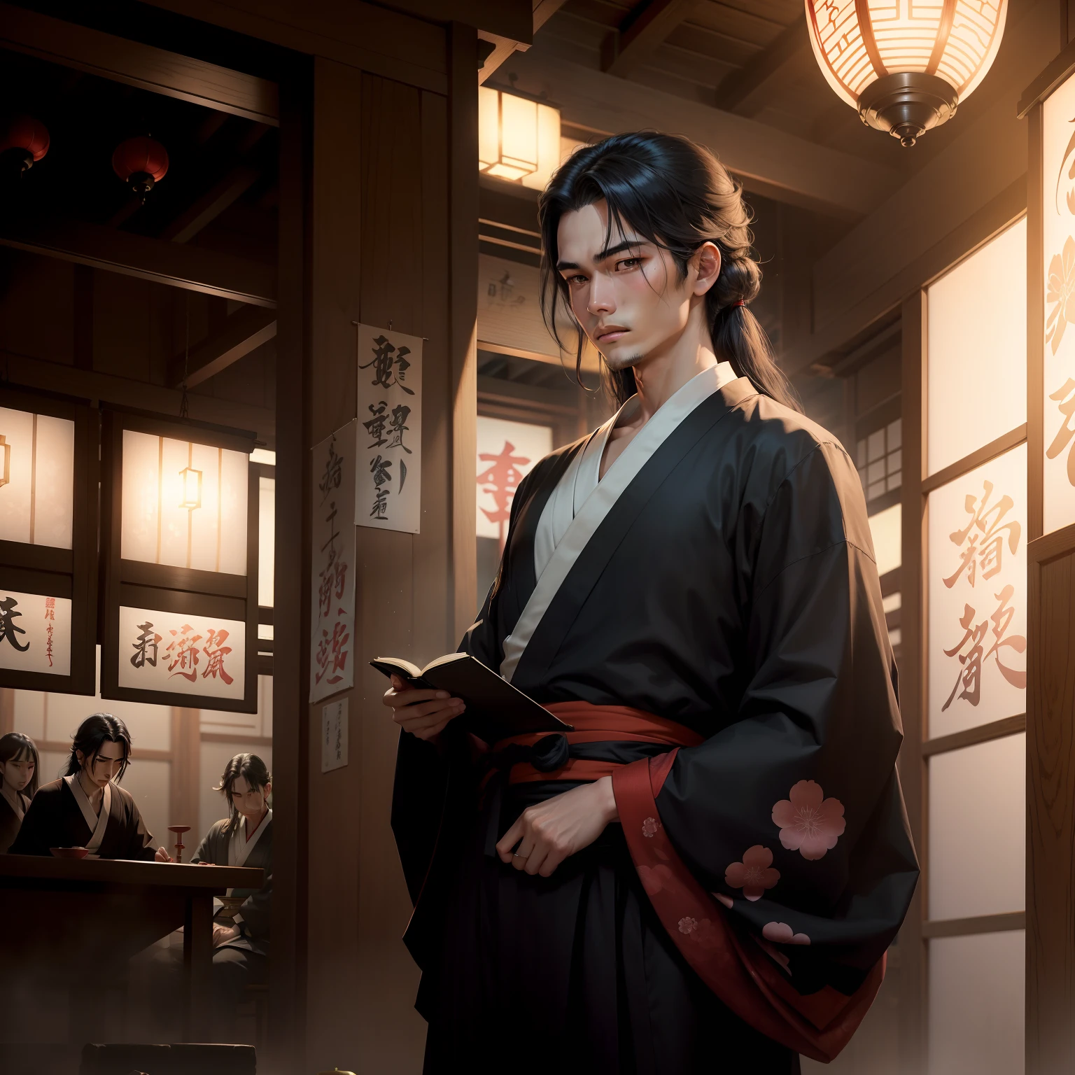 Twilight,Japan,Ukiyo-e,Tsuji,Fortune Teller,augur,four pillars of destiny,blak kimono,youth,man haired long,long hair,black hair,kyogokudo,reitetusai,Slightly Method,Changers,I Ching,male focus,book
