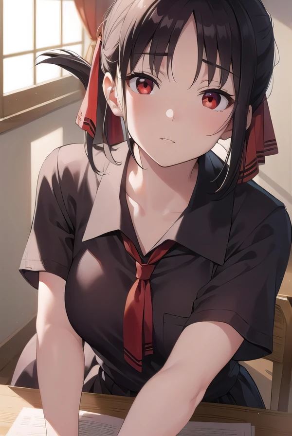 Anime girl with black hair and red eyes sitting at a table - SeaArt AI