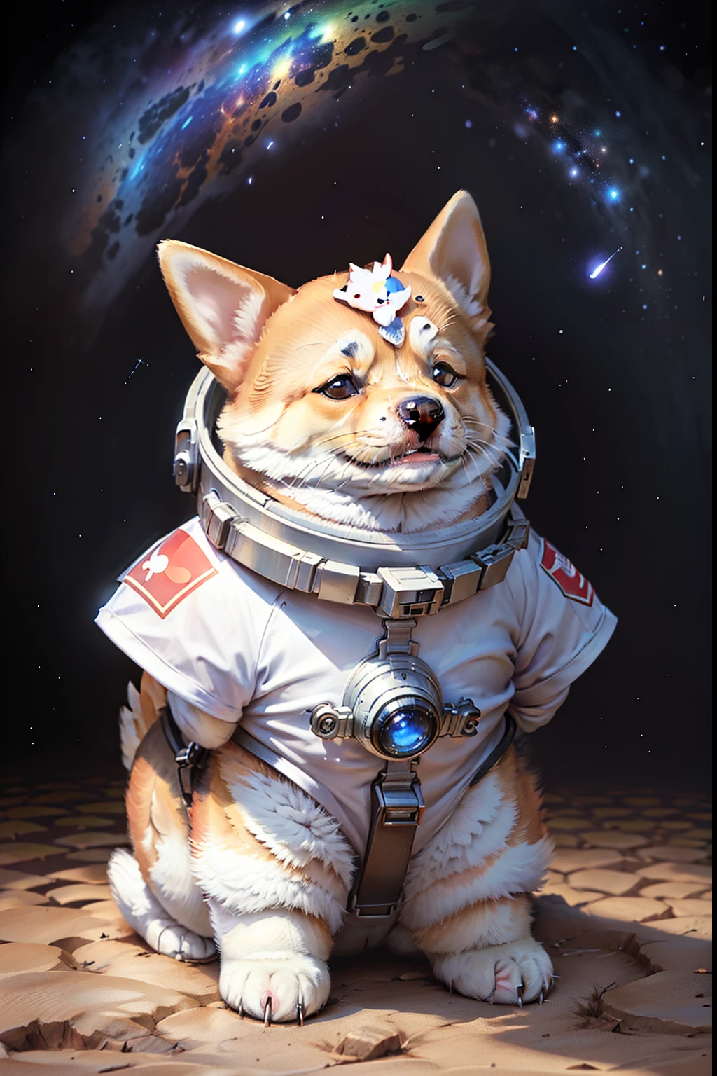 puppy sitting on the ground with a no background,no background, corgi cosmonaut, puppy in a space suite, shiba inu cosmonaut, shiba inu cosmonaut portrait, cute corgi, corgi with]!!, adorable digital painting, cute detailed digital art, sticker, srceen T-shirt.