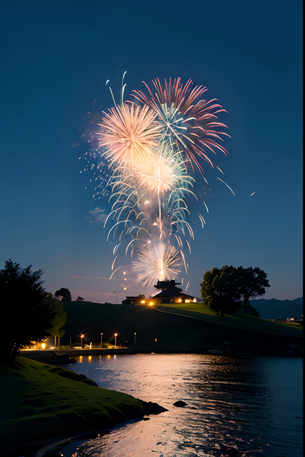tmasterpiece,Best quality at best,Spectacular fireworks display. The fireworks are huge,电影灯光,Bust,非常详细的 CG 统一 8k 壁纸,whaite hair,((Fly petals)) ,(Flowers meadow) sky, Cloudy_sky, Building, Moonlight, Moon, Night, (Dark theme:1.3), Light, fantasy,