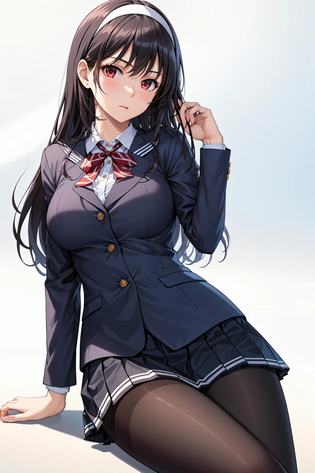 masterpiece, best quality, 1girl, solo, long hair, black pantyhose, school uniform, black hair, red eyes, pleated skirt, white hairband, bangs, jacket, large breasts