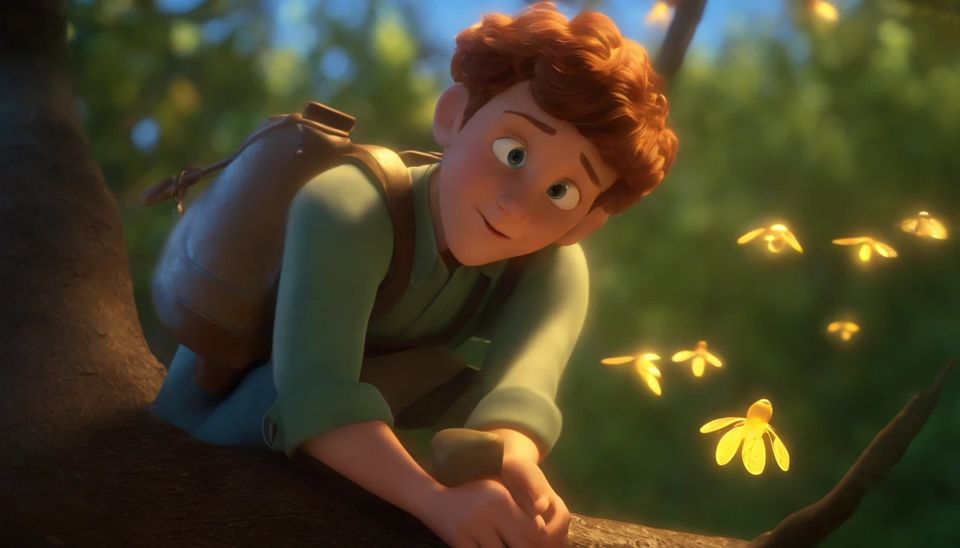 A sad boy sitting in a tree with several fireflies, vale, vale encantado, Anato Finnstark. Pixar, Miniatura do YouTube, Vincent di Fate Nausicaa, Beto Val, cuta anime, inspirado em Vasile Hutopila, Directed by: Vasile Hutopila, animation film, animation film, Personagem ideal da Pixar, Victo, Russia