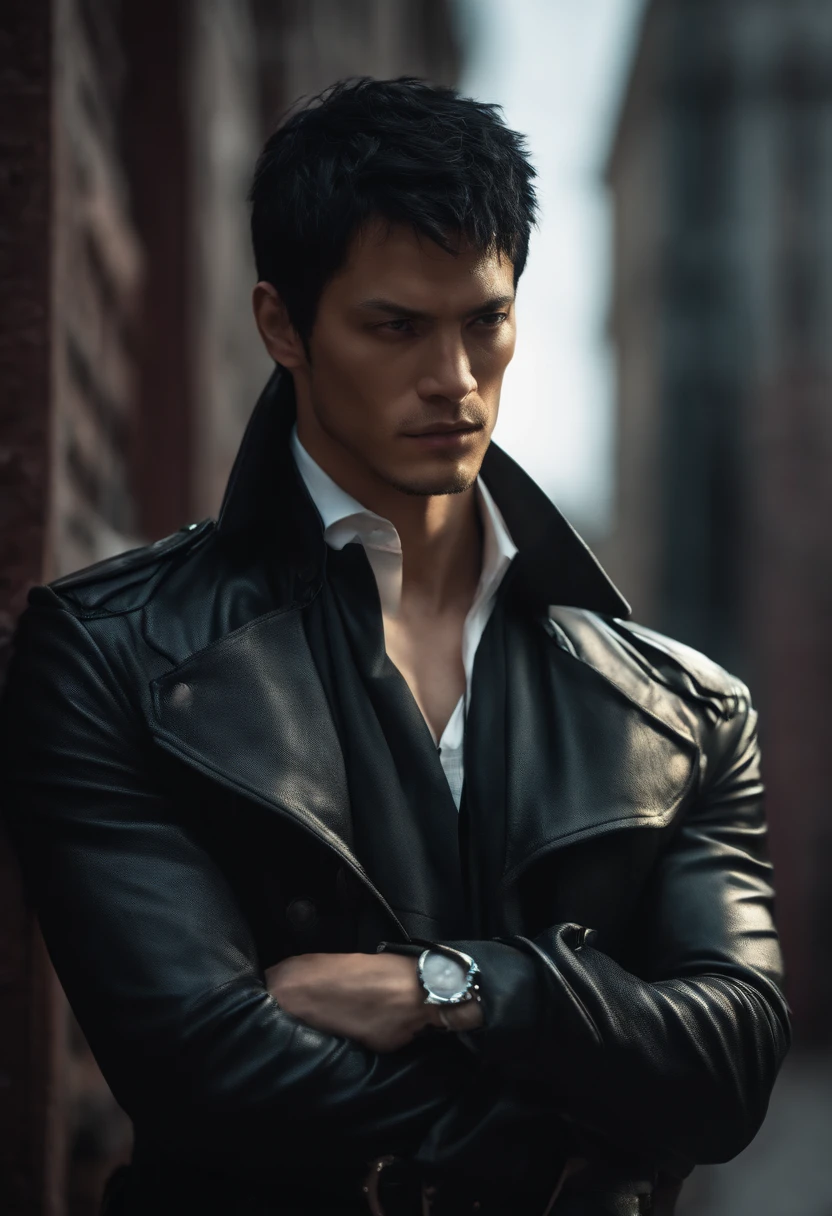 Zoro , one piece, male people,a black trench coat,with short black hair,Crimson eyes,hands crossed,Stand on a tall building,Behind him stood the soul in full armor , flashy drak background, aura , crasima