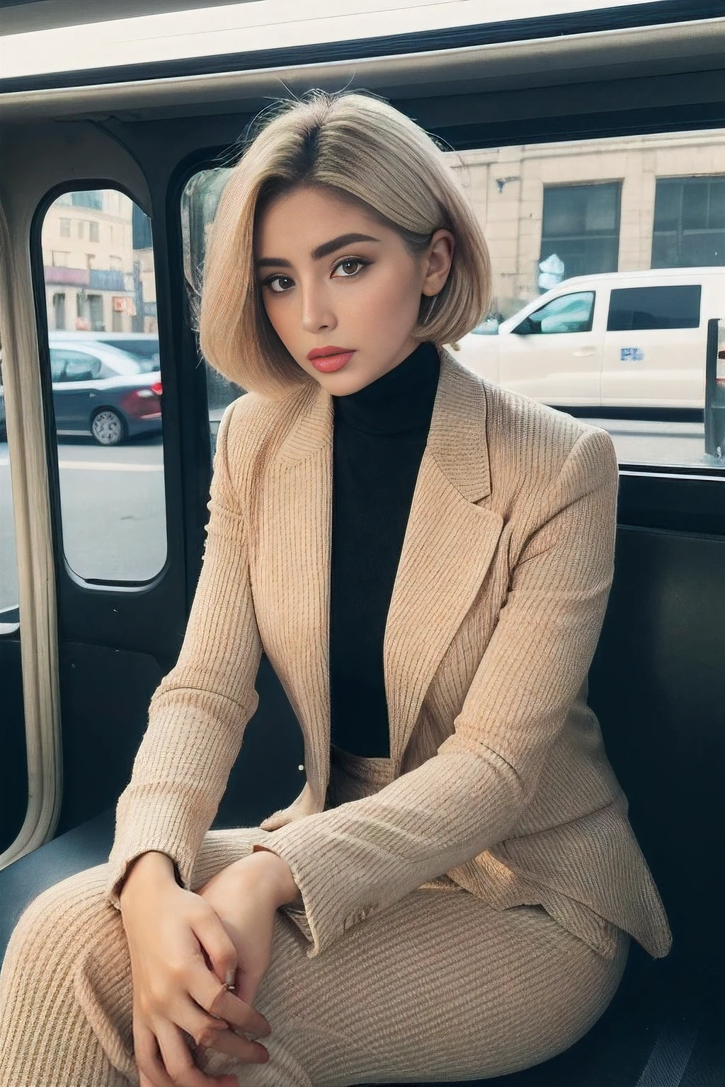 ((Realistic lighting, Best quality, 8K, Masterpiece: 1.3)), Clear focus: 1.2, 2girl, Perfect Figure: 1.4, Slim Abs: 1.1, ((short blonde bob hair)), (chic, tailored pantsuit and turtle neck: 1.4), Super fine face, Fine eyes, Double eyelids, woman is posing while sitting in a bus stop in a street, inspired by Gina Pellón, instagram, tachisme, violet myers, lorena avarez, olivia culpo, alanis guillen, looks like laura barriales, sophie mudd, tanned ameera al taweel, beautiful iranian woman, full body portrait