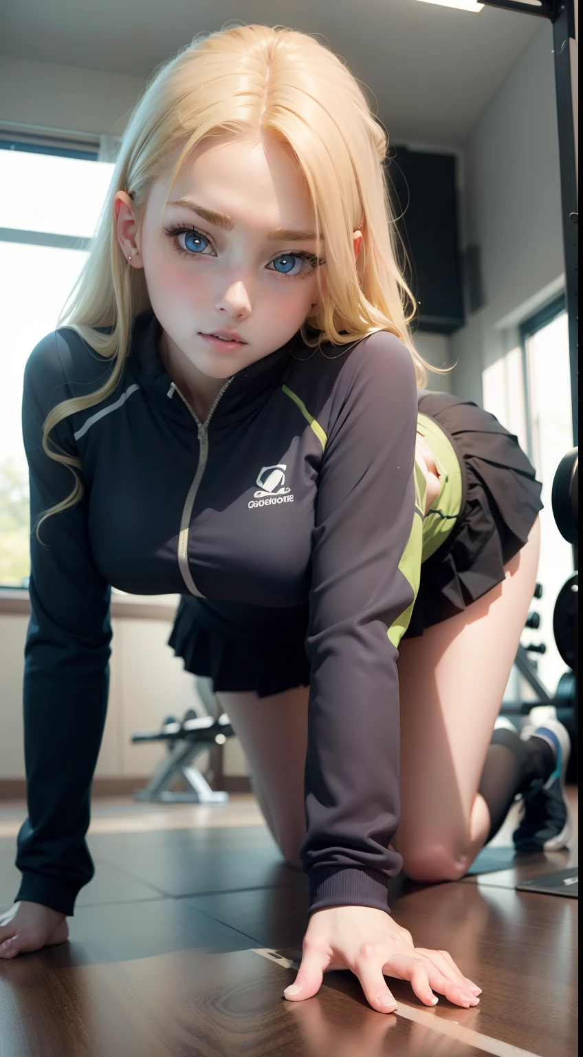 1girl in、Top image quality、Young adult women、hposing Gravure Idol、a blond、blue eyes、Cosplay in gym clothes、Don't wear skirts、Bedrooms、realisticlying、ren、Correctly depict the structure of the human body、Anatomically correct depiction、Tempting、all fours on bed、