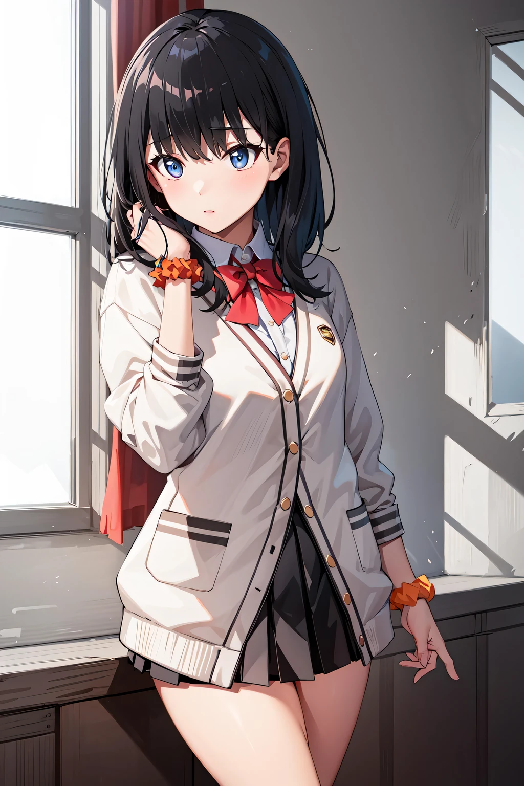 masterpiece, best quality, highres, rikka1, 1girl, takarada rikka, black hair, solo, blue eyes, wrist scrunchie, long hair, red socks, school uniform, black skirt, bangs, pleated skirt, orange scrunchie, red bow, white cardigan, long sleeves, bowtie, white shirt, miniskirt, white sweater, cowboy shot