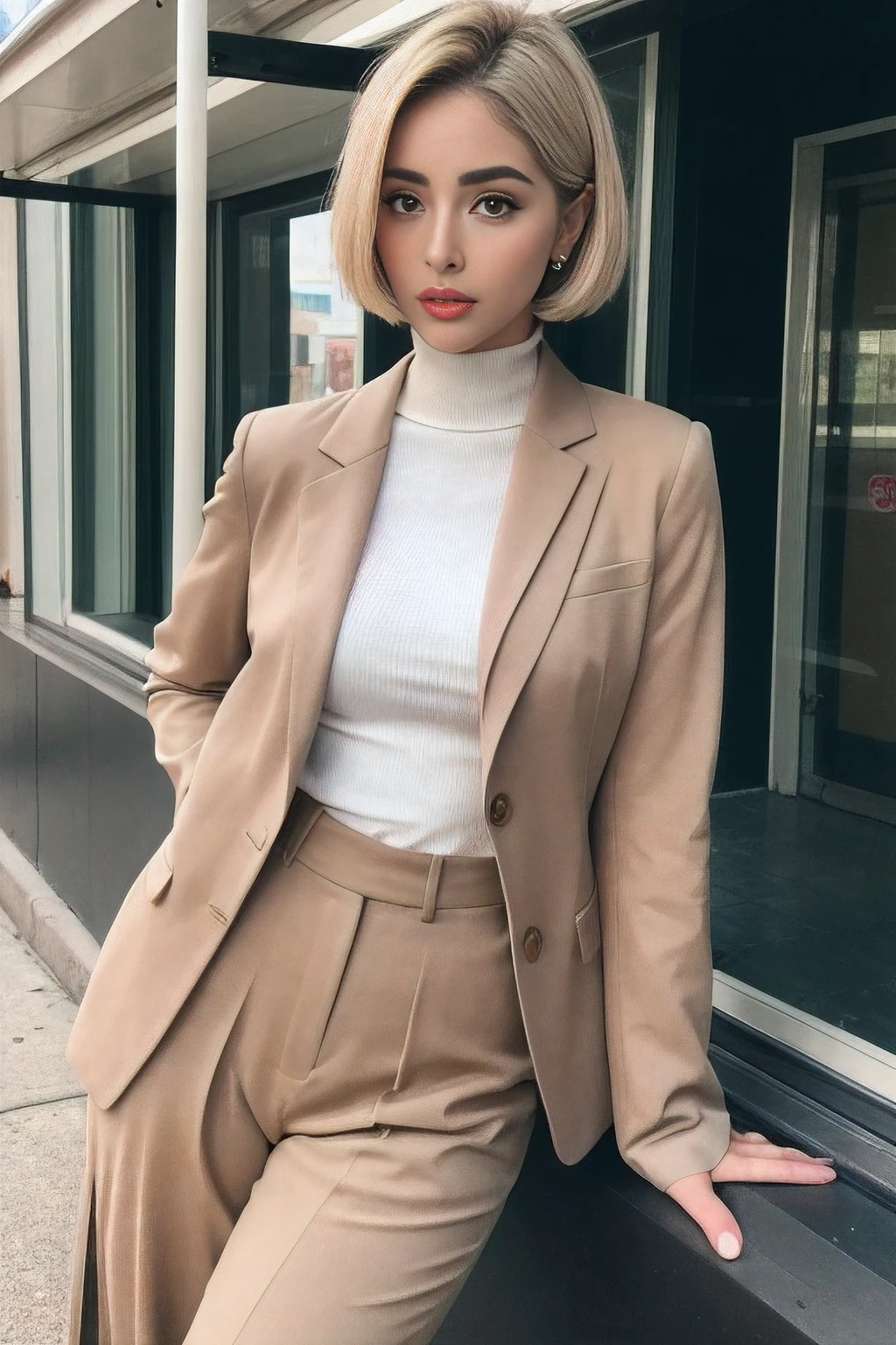 ((Realistic lighting, Best quality, 8K, Masterpiece: 1.3)), Clear focus: 1.2, 2girl, Perfect Figure: 1.4, Slim Abs: 1.1, ((short blonde bob hair)), (chic, tailored pantsuit and turtle neck: 1.4), Super fine face, Fine eyes, Double eyelids, woman is posing while sitting in a bus stop in a street, inspired by Gina Pellón, instagram, tachisme, violet myers, lorena avarez, olivia culpo, alanis guillen, looks like laura barriales,  sophie mudd, tanned ameera al taweel, beautiful iranian woman, full body portrait