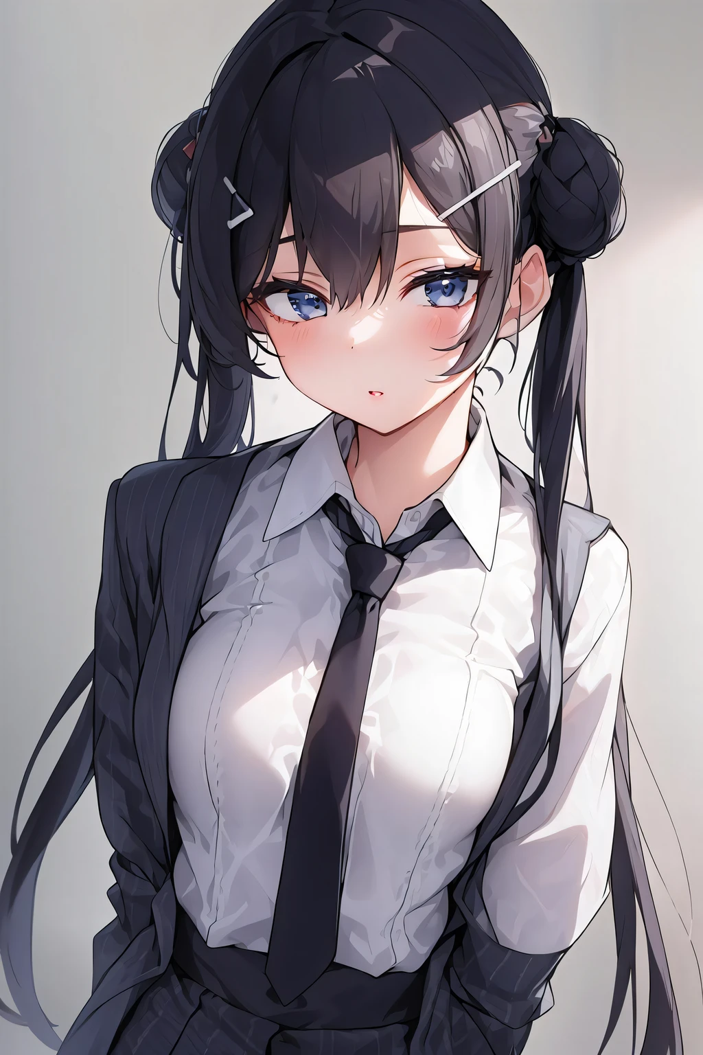 1girl,  hairclip, necktie,collared shirt, white shirt,garter straps , colorful theme, (best quality, high quality, high resolution), realistic, ultra-detailed, highly detailed face features, absurdres,realistic lighting and reflections, highly detailed face features, see through shirt, best photo,high quality illustration