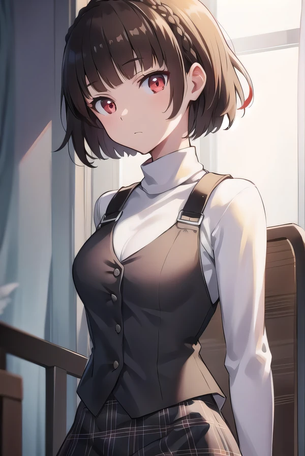 { masterpiece : best quality : high resolution : unity 8k wallpaper : illustration } { Background = inside a creepy room } { Makoto Niijima : short hair : braided around top hair : red eyes : perfect fit body : perfect small shape breast : white unbutton shirt : cleavage: : skirt : standing : perverted wide smile : grin : hands behind head }