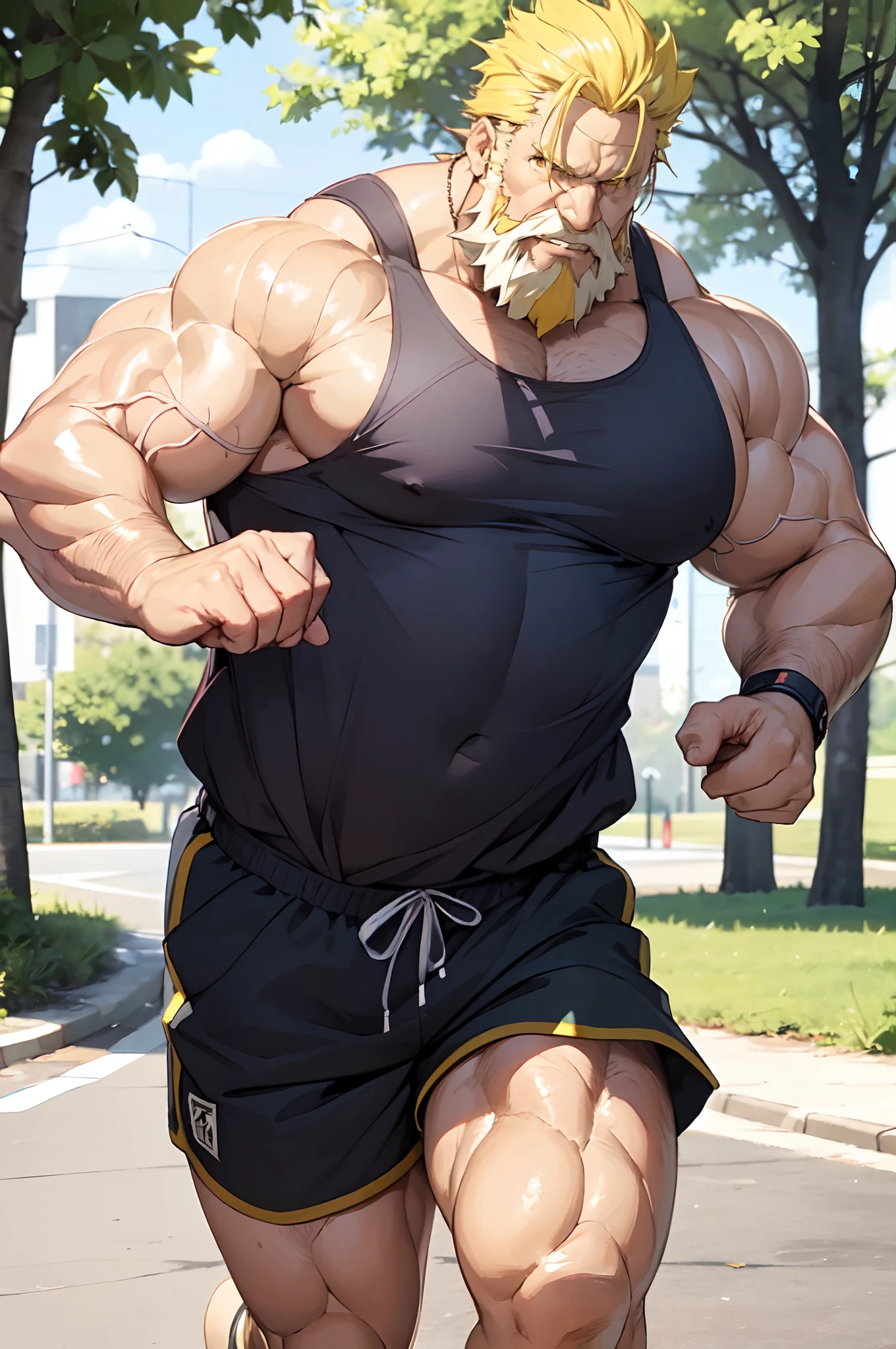 1boy, solo, Huge Muscular old man running in park, (wearing shorts and tank top), wrinkles skinned, yellow hair, white Beard, pectoral, two tone hair color