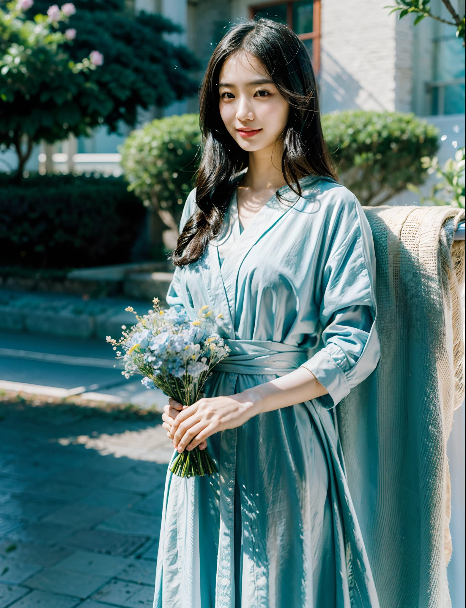 Beautiful Asian Girls,Long black hair,Delicate and delicate face,largeeyes,light smile,Holding a large bouquet of very beautiful light blue flowers in both hands,Beautiful literary style costumes,Perfect hands,Solid color light gauze background,The background is blurred out,detail-rich,Movie lighting,contrast of light and shadow,rendering by octane,