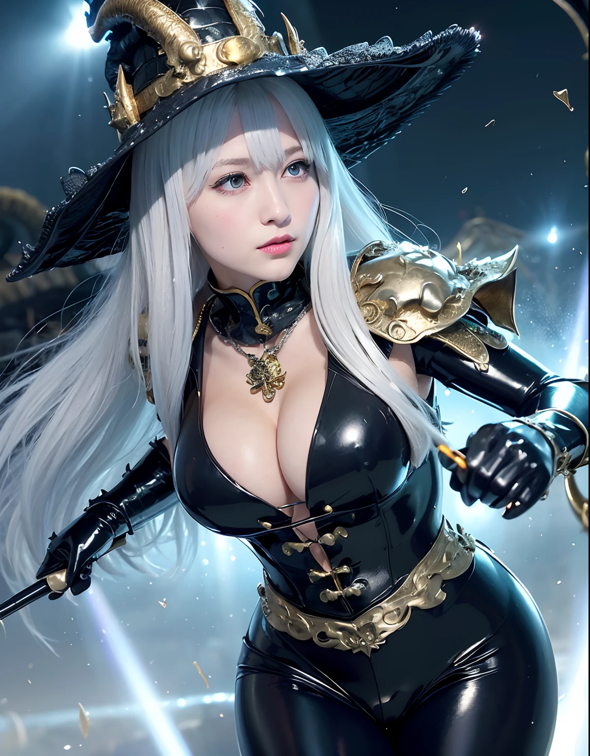 ((World of Darkness)),Professional , masterpiece、top-quality、photos realistic , depth of fields 、(((With a magic wand of gems))),(Dragon White Metal Body:1.9),(latexsilver-blue、(cleavage of the breast)(Fight dragons)、、(((Particles of light))),(Micro Bikini Armor:1.7),Gorgeous gold weapons ,(Fight dragons)、Seductive look、(blood splattere、((((With a magic wand))), ) , (((Wearing a black latex wizard hat))),(demonic wings) ,((a blond))、(Castle background)、((Gangle's forest background))、Beautiful Caucasian beauty、1a person、dynamic ungle,(((Detailed and ornate dragon wizard hat)))、Smaller head、A smile、Castle background、Thin and beautiful female hands、cleavage of the breast、Soldier in iron armor on background、Mystical expression、Light Effects、intense fighting、Wind-effect、magic circles、With the legendary magic wand、Dragon's tail、explosions、Toostock、Toostock、