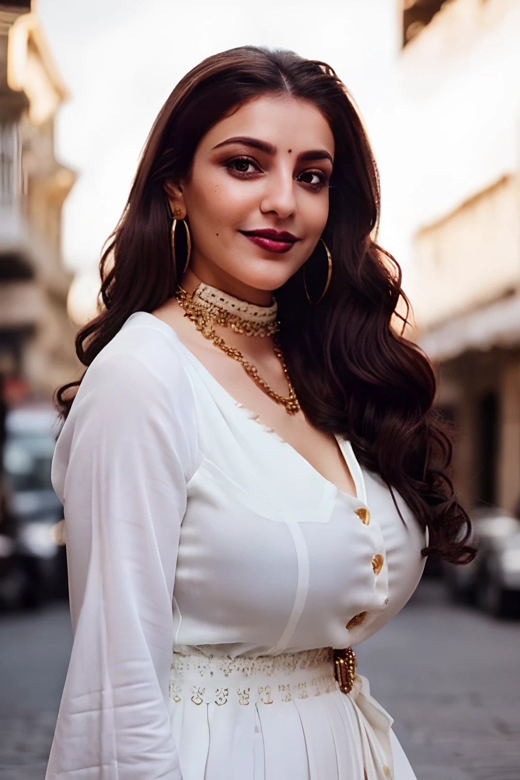 Wavy brown hair, (RAW photo, realism: 1.8), (very dark lip gloss, jet black lipstick, smile, many eyelashes, dark black eye shadow, shy, blushing, high quality, high resolution, depth of field, chromatic aberration, caustic, wide light, natural colors, 30 year old woman), necklaces, chokers, earrings, bracelets, wear many accessories, wearing traditional Pakistani clothes, white color dress, and white hijab, woman very big boob's, soft skin, white skin, slim nose, beautiful eyes, The Casual Hip Stance poses, 8k results, high resolution, realistic,