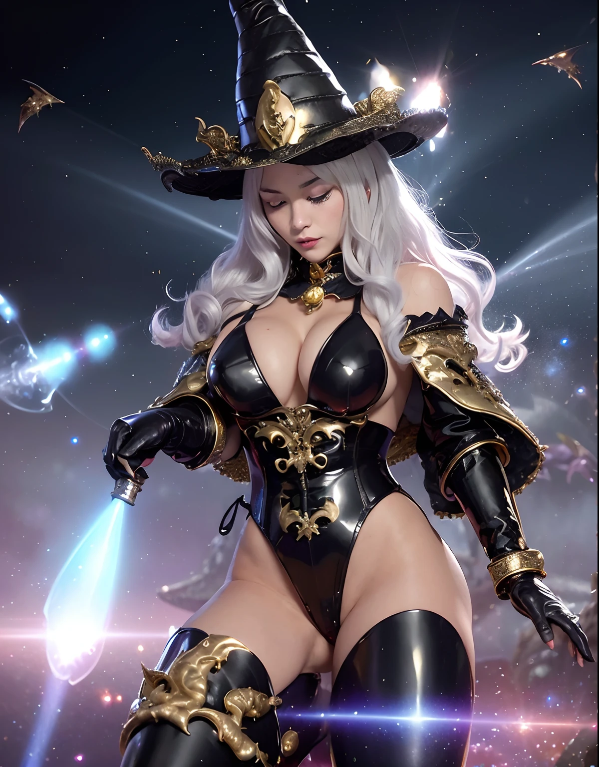 ((World of Darkness)),Professional , masterpiece、top-quality、photos realistic , depth of fields 、(((With a magic wand of gems))),(Dragon White Metal Body:1.9),(latexsilver-blue、(cleavage of the breast)(Fight dragons)、、(((Particles of light))),(Micro Bikini Armor:1.7),Gorgeous gold weapons ,(Fight dragons)、Seductive look、(blood splattere、((((With a magic wand))), ) , (((Wearing a black latex wizard hat))),(demonic wings) ,((a blond))、(Castle background)、((Gangle's forest background))、Beautiful Caucasian beauty、1a person、dynamic ungle,(((Detailed and ornate dragon wizard hat)))、Smaller head、A smile、Castle background、Thin and beautiful female hands、cleavage of the breast、Soldier in iron armor on background、Mystical expression、Light Effects、intense fighting、Wind-effect、magic circles、With the legendary magic wand、Dragon's tail、explosions、Toostock、Toostock、