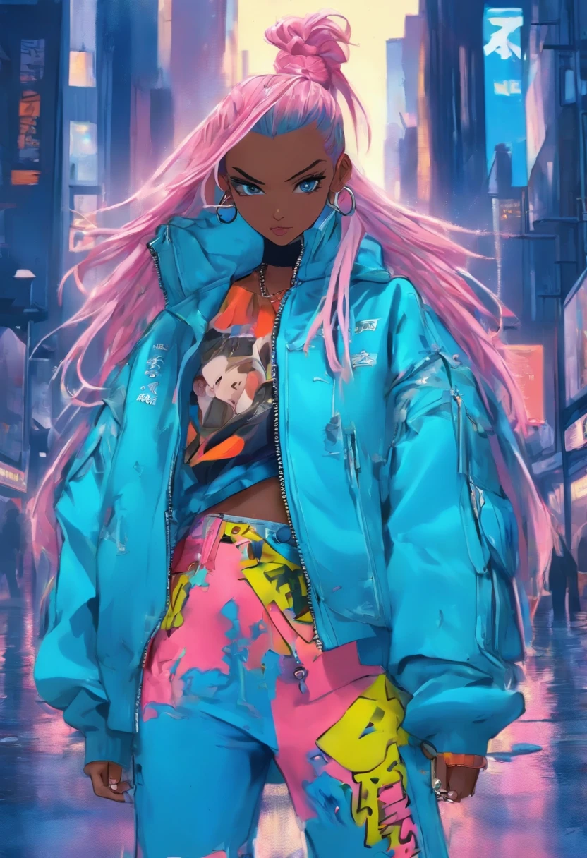 Best quality, A high resolution, A beauty stood,exposing your navel ,VETEMENTS, garments, Vetements Blue Big Shape Destroyed Jeans,Vetements Doodle-print Bomber Jacket,Avant-garde accessories, Balenciaga's artistic style,(FashionMagCover), (BALENCIAGA)