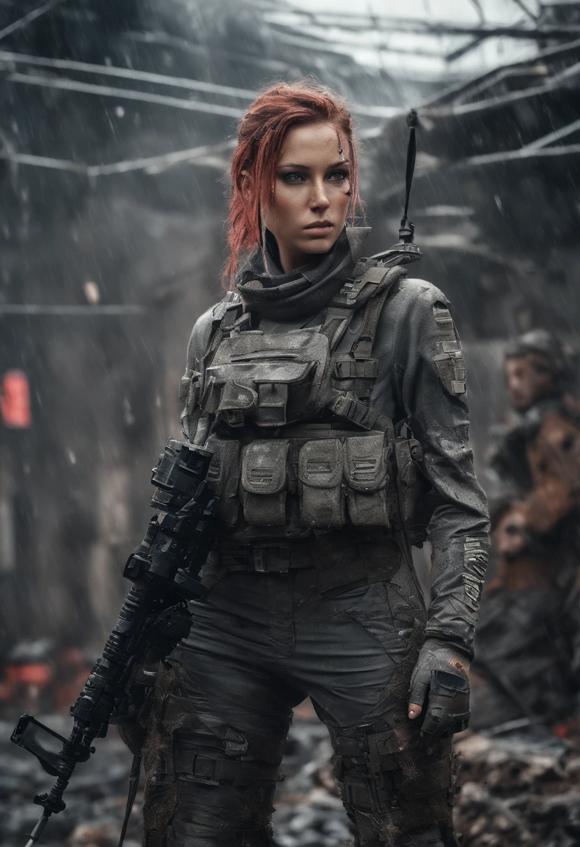Postapocalyptic combat scene with a Beautiful hyperrealistic photograph of cute Young Swedish woman with Runic tattoos, ((dirty face Blood splattered)), (((wearing full heavy mecha armor, combat harness, Neon highlights))) Short Red Dreadlocks, combat pose, (((Holding on to the side of a combat Sci-Fi Combat helicopter))), exterior of Destroyed building, Fires, Smoke, debris, Camo netting, Ammo Boxes, Rain, Stormy, Wet, abstract beauty, near perfection, pure form, intricate detail, 8k post-production, High resolution, super Detail, trending on ArtStation, sharp focus, studio photos, intricate detail, Very detailed, By Greg Rutkowski