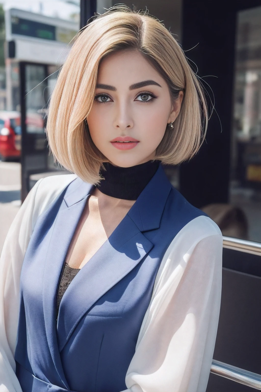 ((Realistic lighting, Best quality, 8K, Masterpiece: 1.3)), Clear focus: 1.2, 2girl, Perfect Figure: 1.4, Slim Abs: 1.1, ((short blonde bob hair)), (chic, tailored pantsuit and turtle neck: 1.4), Super fine face, Fine eyes, Double eyelids, woman is posing while sitting in a bus stop in a street, inspired by Gina Pellón, instagram, tachisme, violet myers, lorena avarez, olivia culpo, alanis guillen, looks like laura barriales,  sophie mudd, tanned ameera al taweel, beautiful iranian woman, full body portrait