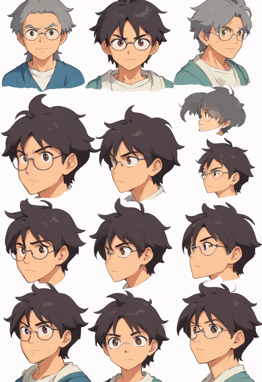 Um homem de 22 anos, cabelos pretos, cabelos curtos nas laterais mais longos na frente, Front view, fundo branco, anime, estilo cartoon,expression sheet face,Expression Sheet