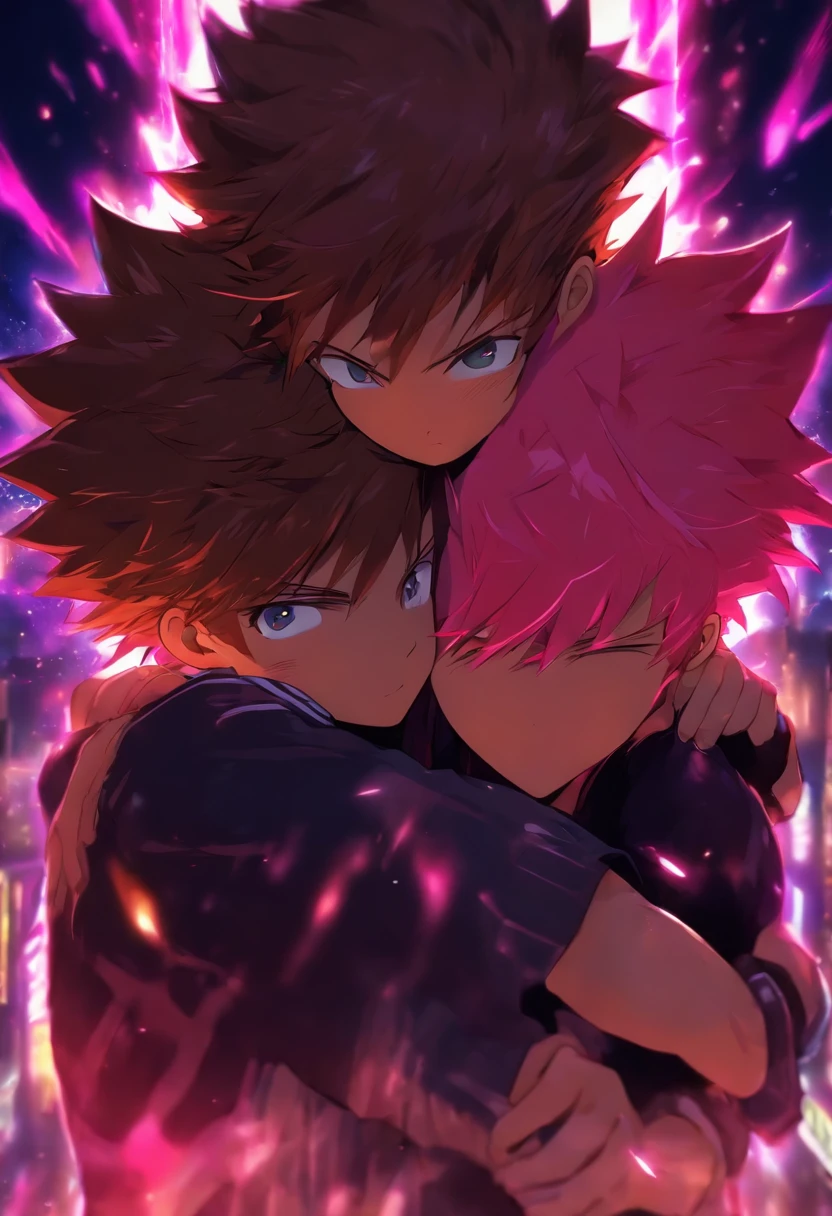 Two Boys hugging, one with brown hair and one with pink hair.