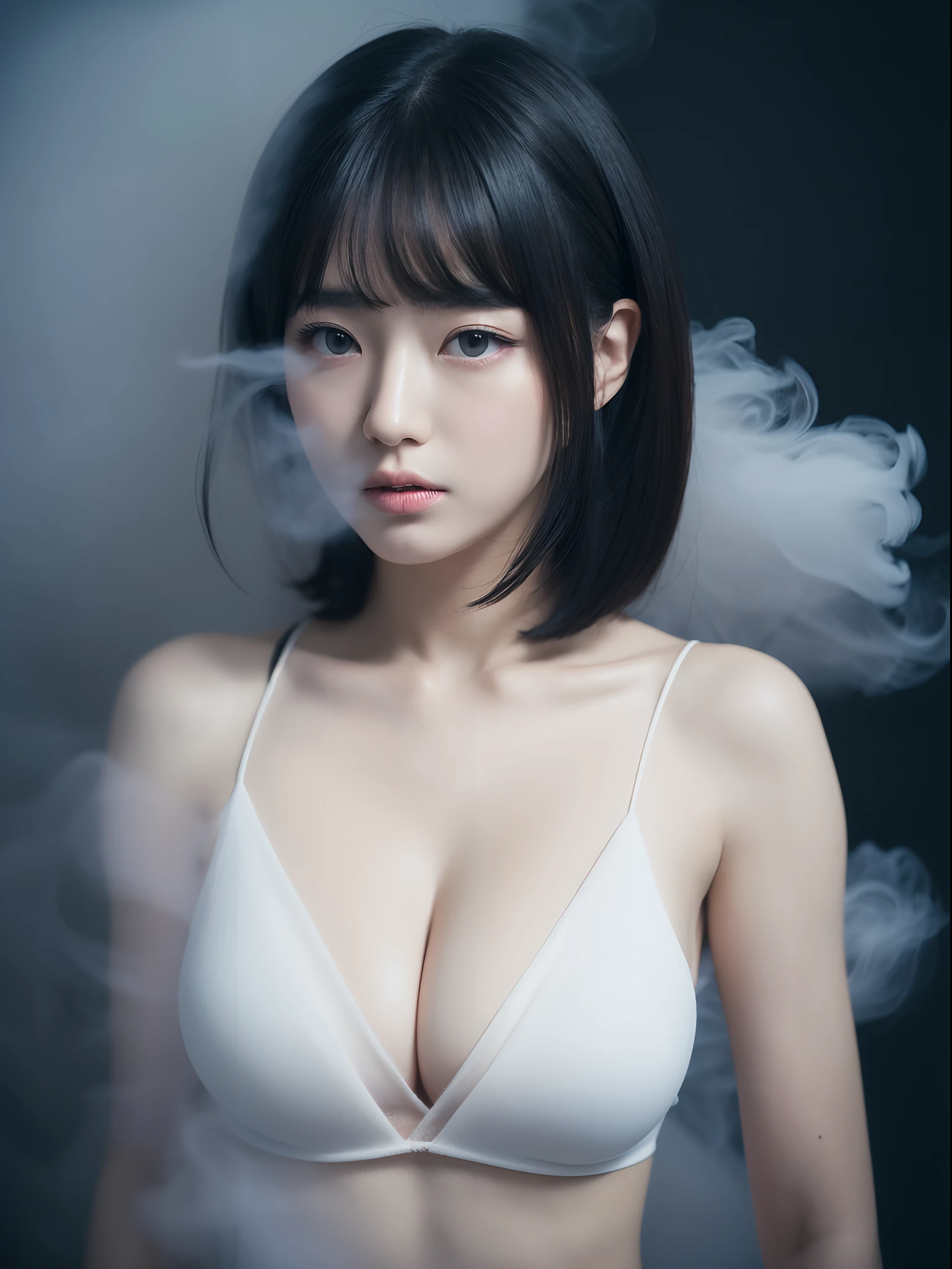 the Extremely Detailed CG Unity 8K Wallpapers、top-quality、ultra-detailliert、​masterpiece、studio shoot、black backgrounds、softfocus、Soft atmosphere、Model motif covered in white smoke、close up of face、(barechested:1.3), (large full breasts:1.3)、realisitic、Photo Real、extremely detailed cute girl、独奏、18year old、japanes、Melancholy look, A dark-haired、Hairstyle Random, (Tons of white smoke:1.4)、(White thick fog:1.3)、Cover with white smoke、out of focus、blur、