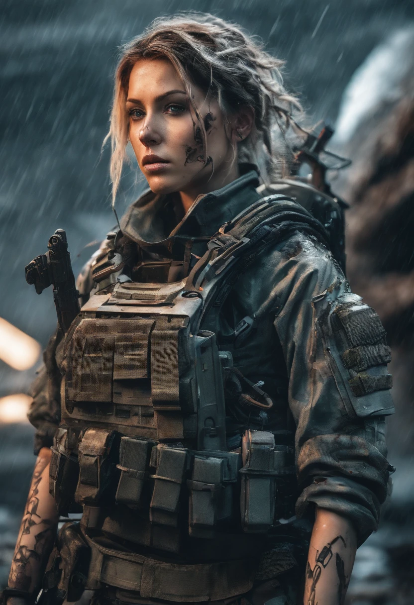 Postapocalyptic combat scene with a Beautiful hyperrealistic photograph of cute Young Swedish woman with Runic tattoos, ((dirty face Blood splattered)), (((wearing full heavy mecha armor, combat harness, Neon highlights))) Short Red Dreadlocks, combat pose, (((Holding on to the side of a combat Sci-Fi Combat helicopter))), exterior of Destroyed building, Fires, Smoke, debris, Camo netting, Ammo Boxes, Rain, Stormy, Wet, abstract beauty, near perfection, pure form, intricate detail, 8k post-production, High resolution, super Detail, trending on ArtStation, sharp focus, studio photos, intricate detail, Very detailed, By Greg Rutkowski